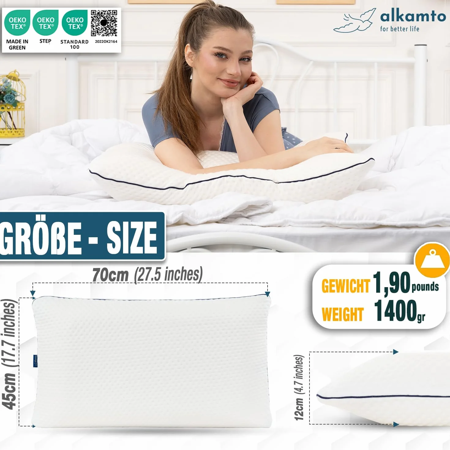 alkamto Poduszka z pianki memory 70x45 cm – Ergonomiczna poduszka podpierająca kark – Certyfikat Oeko-Tex – Oddychająca i termoregulująca poszewka – Hipoalergiczna i nadająca się do prania – Idealna