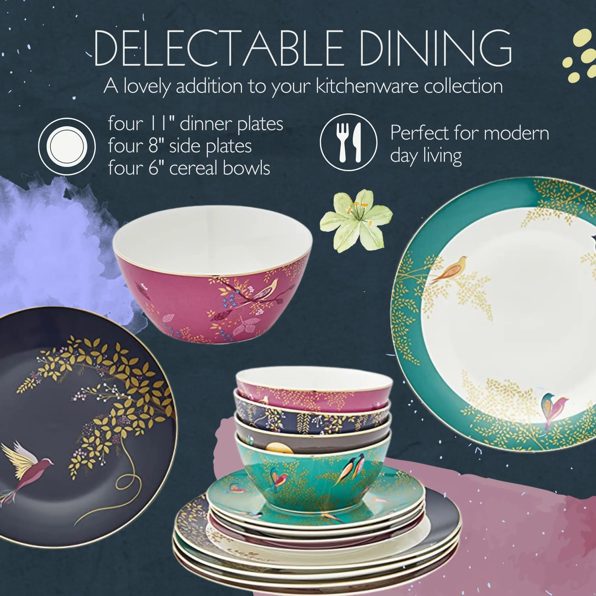 Sara Miller London Chelsea Collection 12-częściowy zestaw zastawy stołowej porcelana złota biała