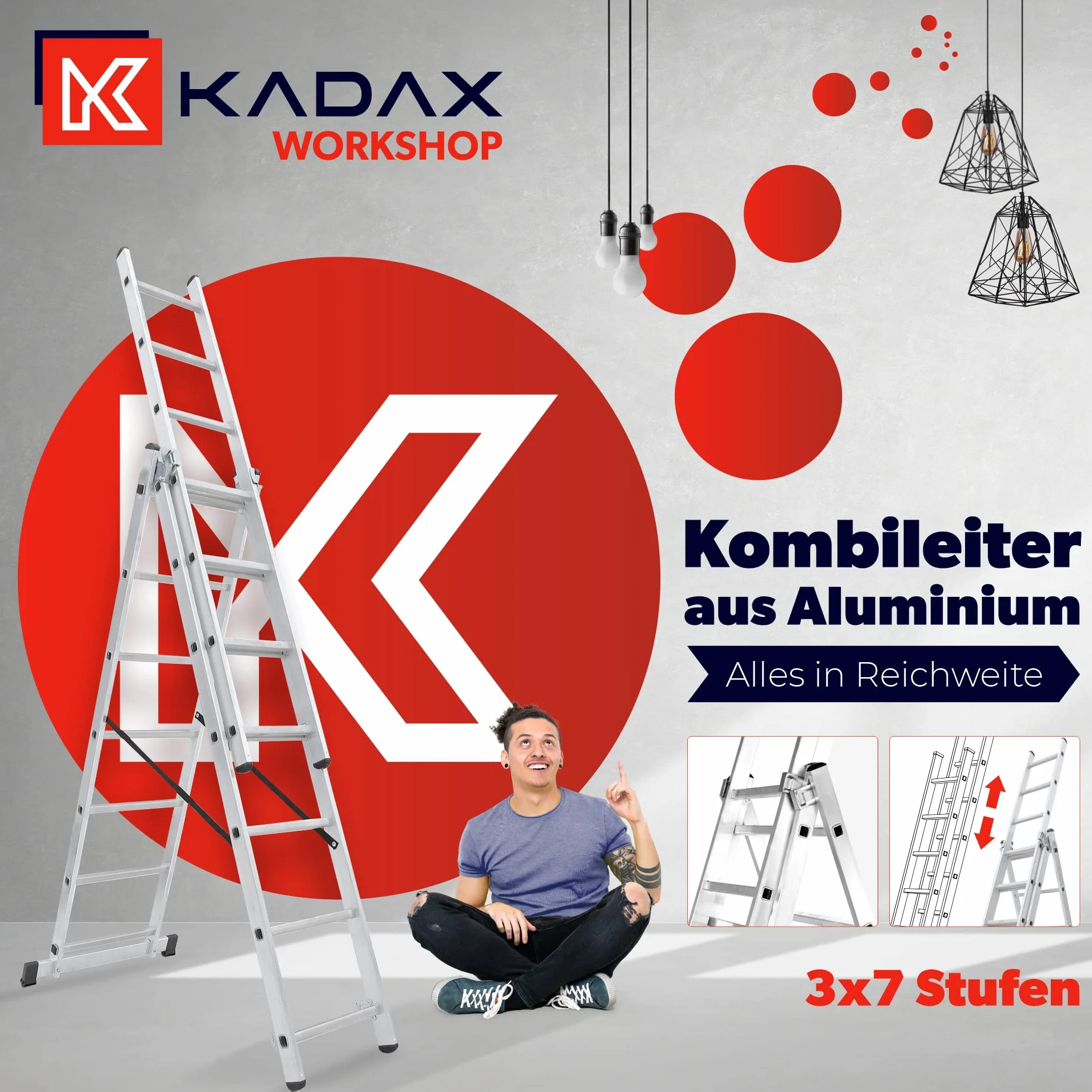 KADAX Drabina aluminiowa składana 3 - stopniowa, udźwig 125 kg, stopnie antypoślizgowe, półka na narzędzia, lekka i stabilna do domu i warsztatu