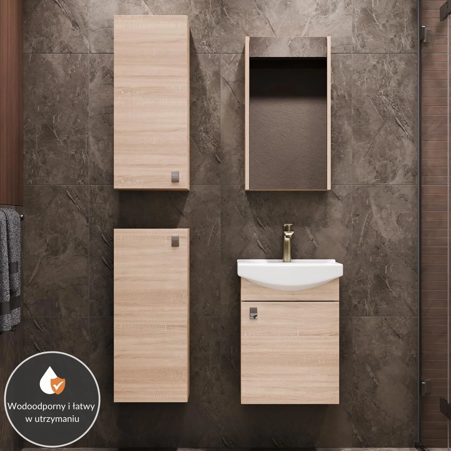 Planetmöbel Zestaw mebli łazienkowych umywalka z mebel podumywalkową 45 x 60 x 33 cm z szafką z lustrem 40 cm, 2X szafki midi do łazienki i WC dla gości, dąb sonoma