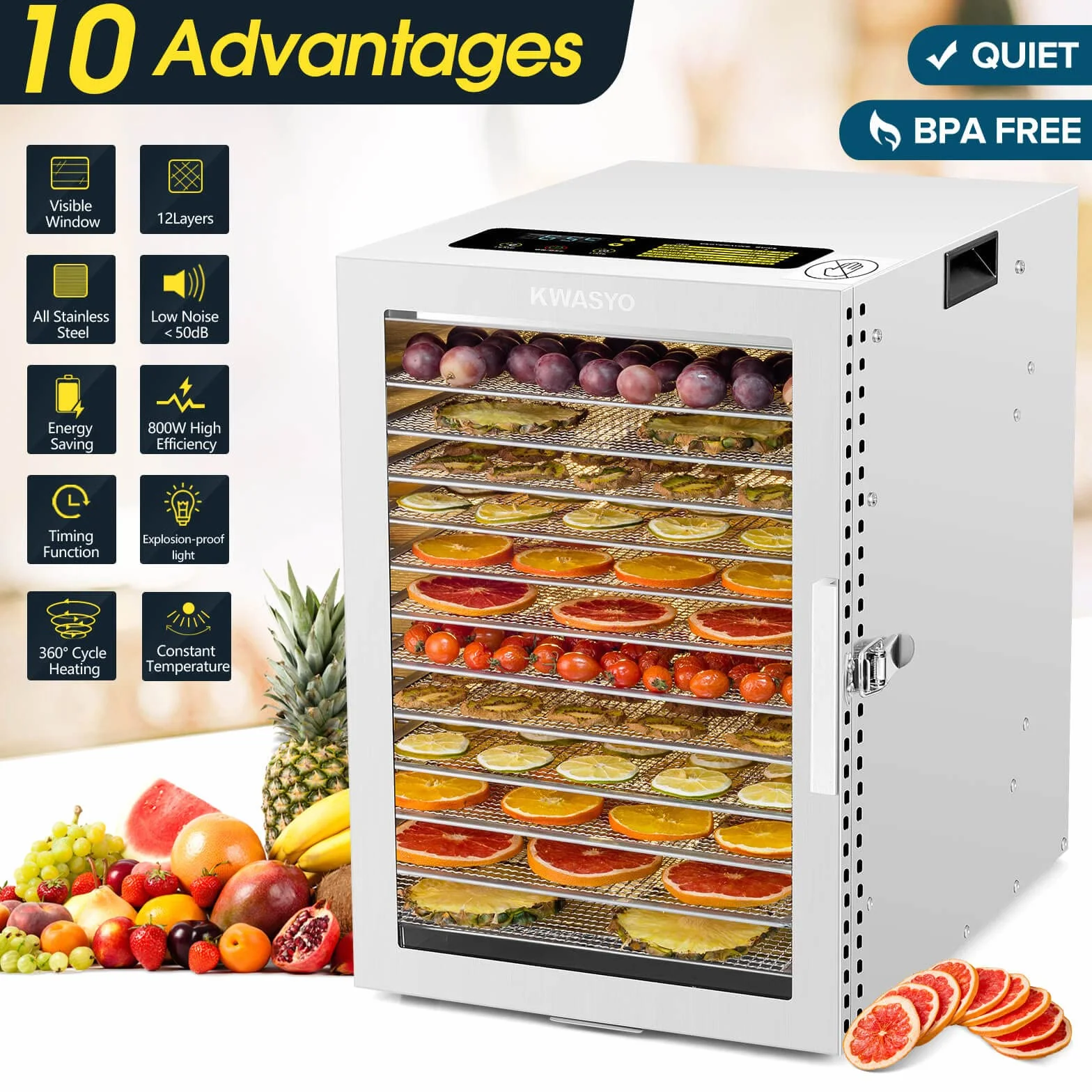 Suszarka do żywności ze stali nierdzewnej 12 garnków podwójny wentylator 360° timer 24h regulacja temperatury 20-90°C