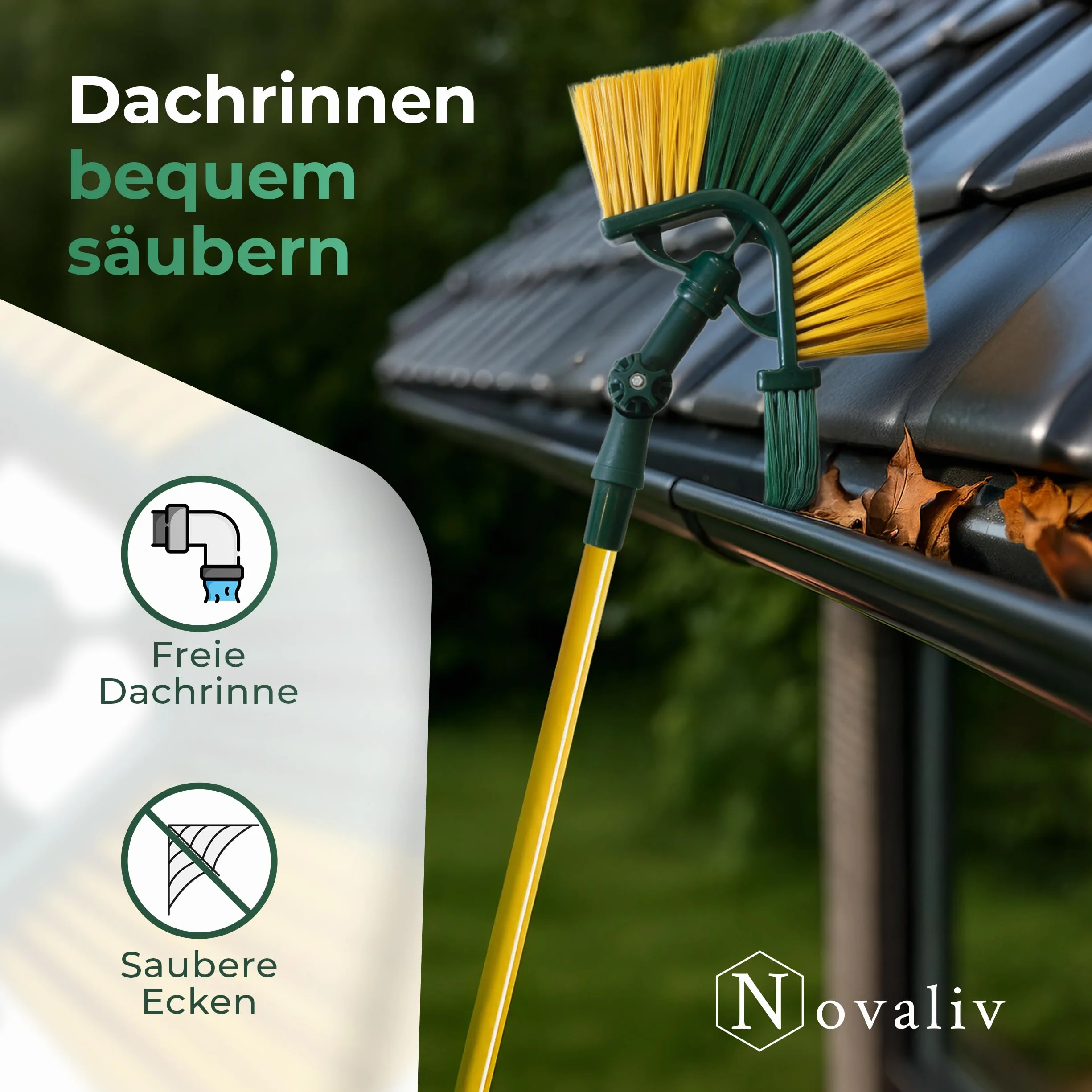 Novaliv Teleskopowa szczotka do rynien dachowych 3,3 m ze szczotką narożną i skrobakiem + zamiatarką ręczną i blachą, szczotka do czyszczenia rynien dachowych, szczotka do czyszczenia rynien dachowych