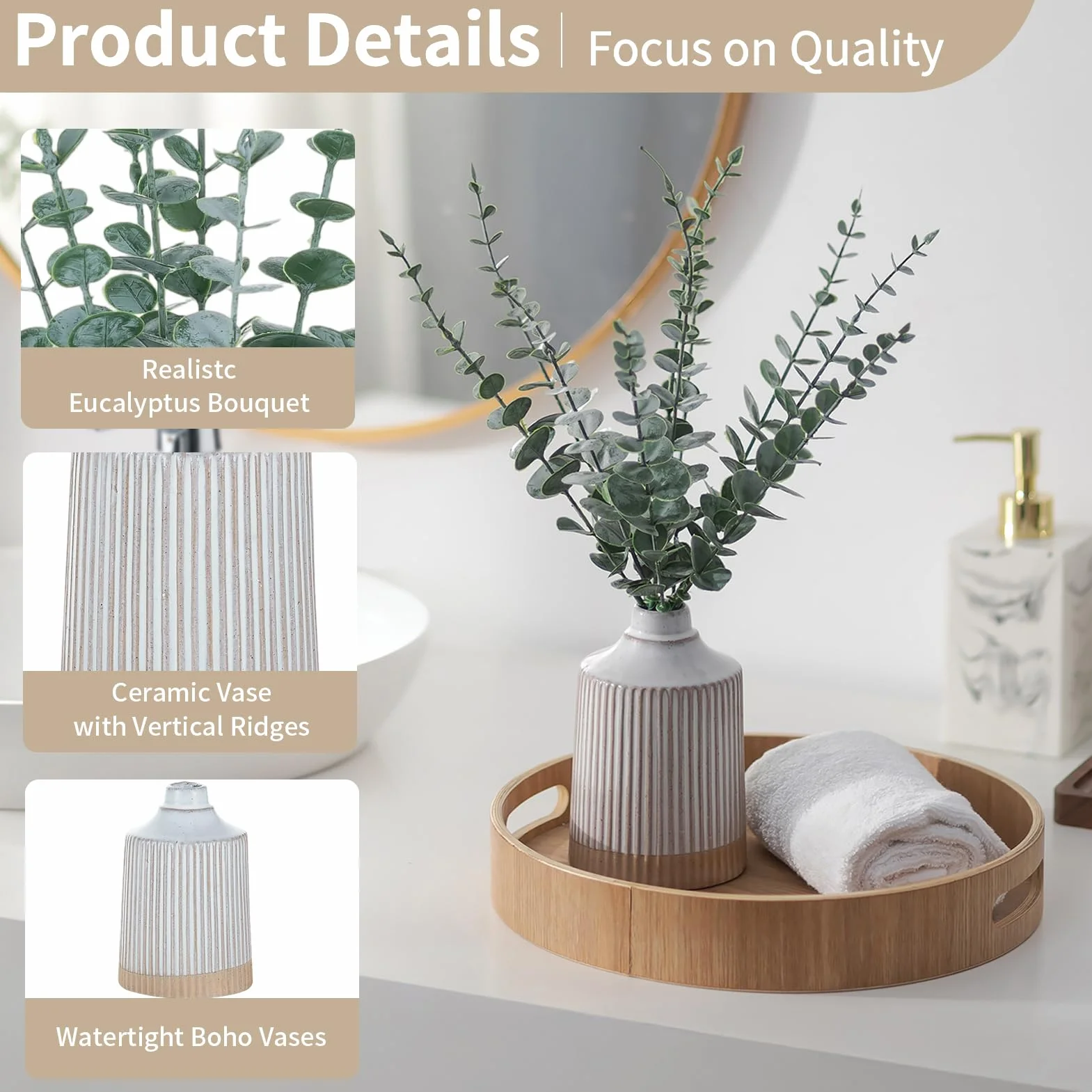NUPTIO Sztuczny eukaliptus w wazonie ceramicznym: sztuczne łodygi roślin z wazonem do kuchni sypialni łazienki wystrój - wiosenny eukaliptus centralny element na półkę biurową stolik kawowy zestaw 1