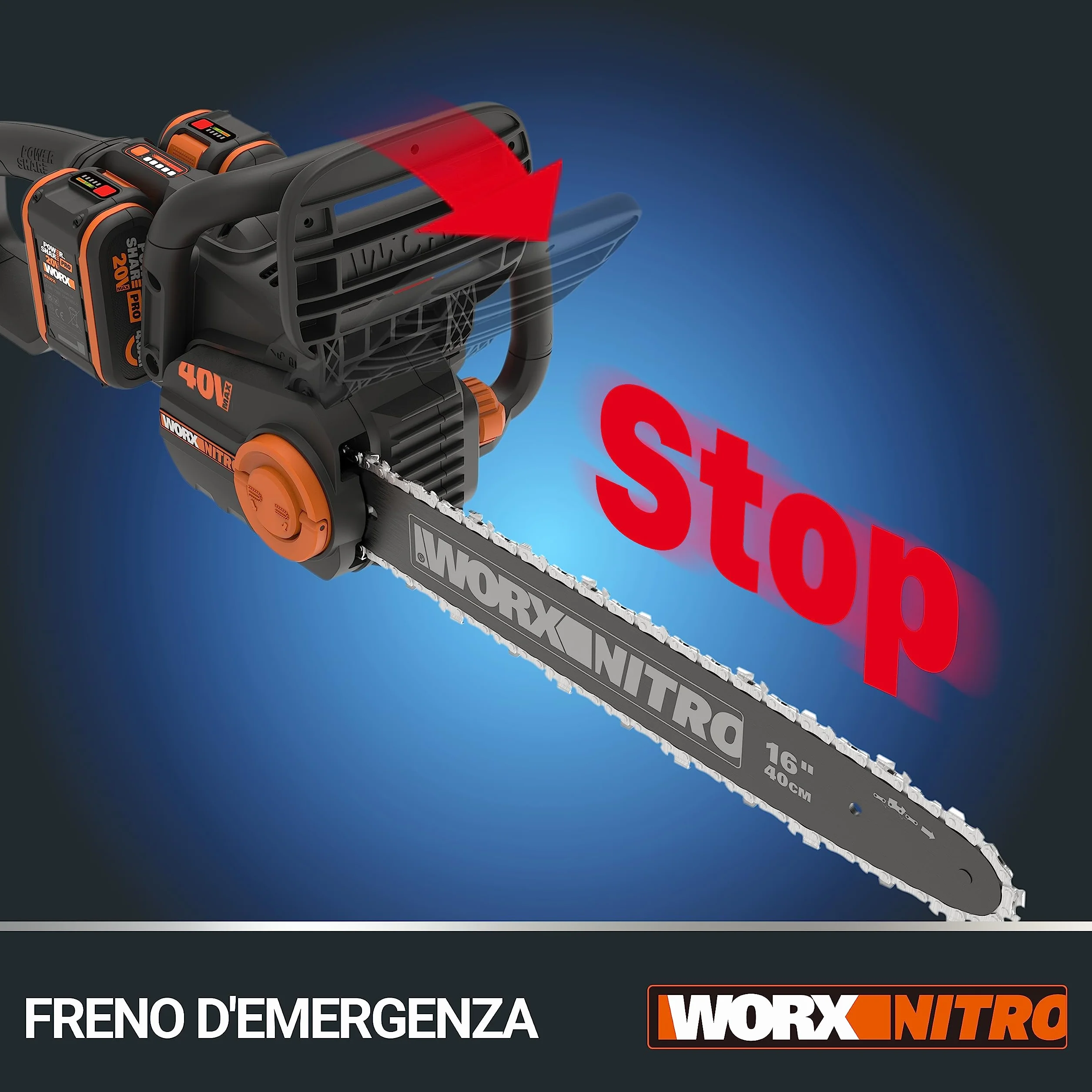 WORX Piła łańcuchowa Nitro 40V (2x20V) | PowerShare | WG385E.9 | Nie obejmuje baterii i ładowarki | Silnik bezszczotkowy | Miecz 40 cm | Hamulec łańcucha i automatyczne smarowanie