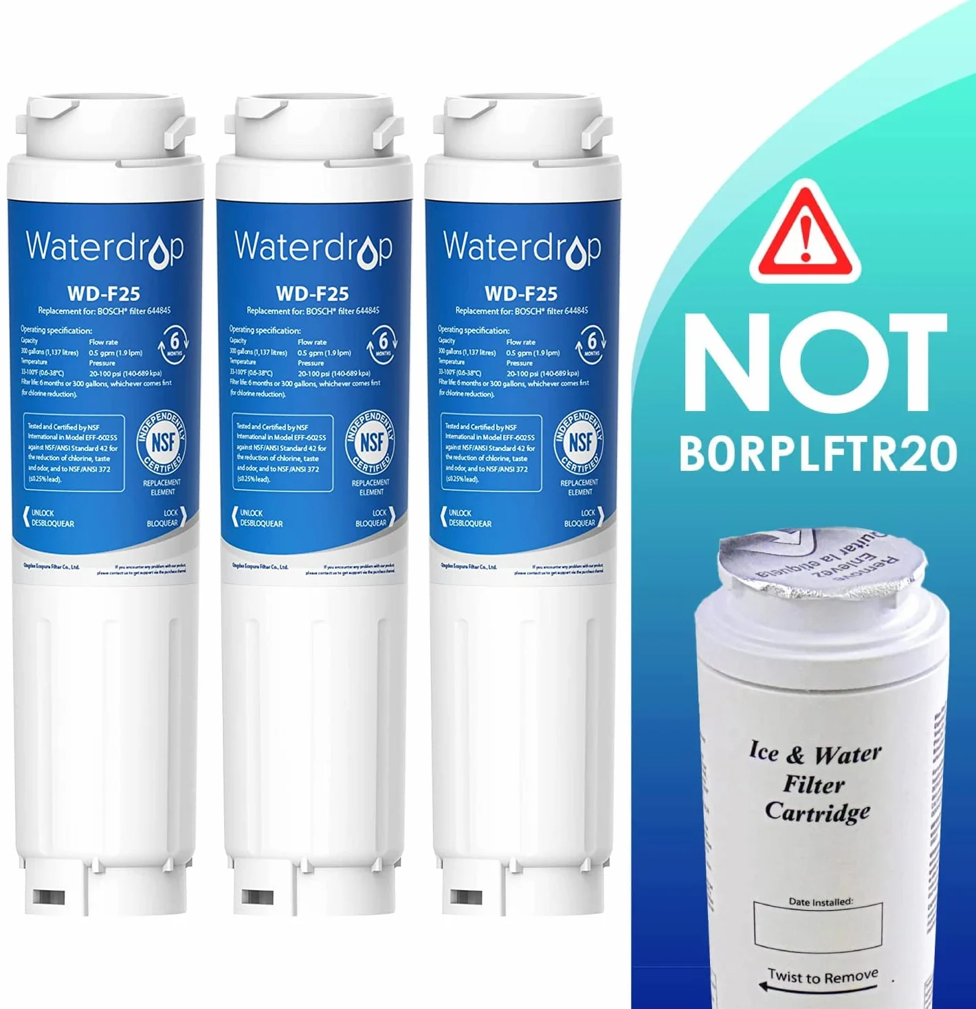 2X Waterdrop 644845 Filtr do Wody do Lodówki, Kompatybilny z Bosch Ultra Clarity 644845, Siemens Neff Miele 740560 00740560 9000194412 REPLFLTR10; 0060820860 0060218743; Wkład Bypass (2)