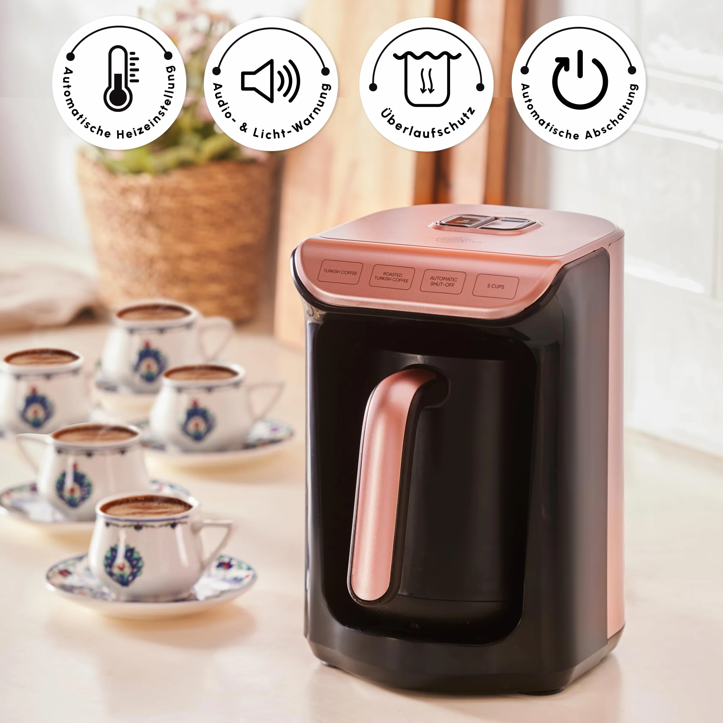 KARACA Hatır Roast turecki ekspres do kawy w kolorze różowego złota, pojemność 5 filiżanek, duża ilość piany, 535 W, system ostrzegania głosowego, system ostrzegania przed światłem, miarka, łatwe