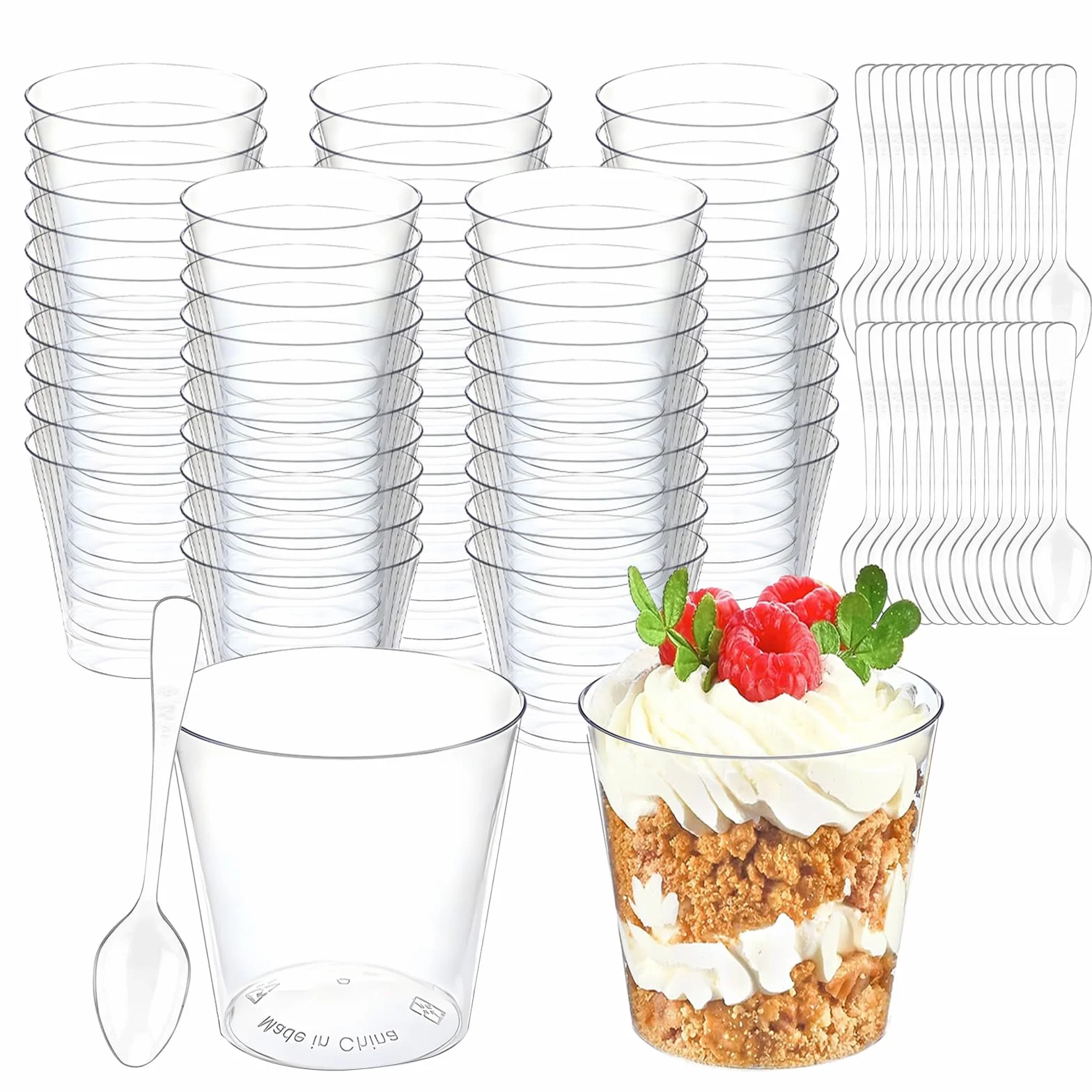 Plastikowe kubki deserowe, 50 szt., z łyżeczkami, 60 ml, wielokrotnego użytku, do puddingu, musu, lodów, deserów, na imprezę