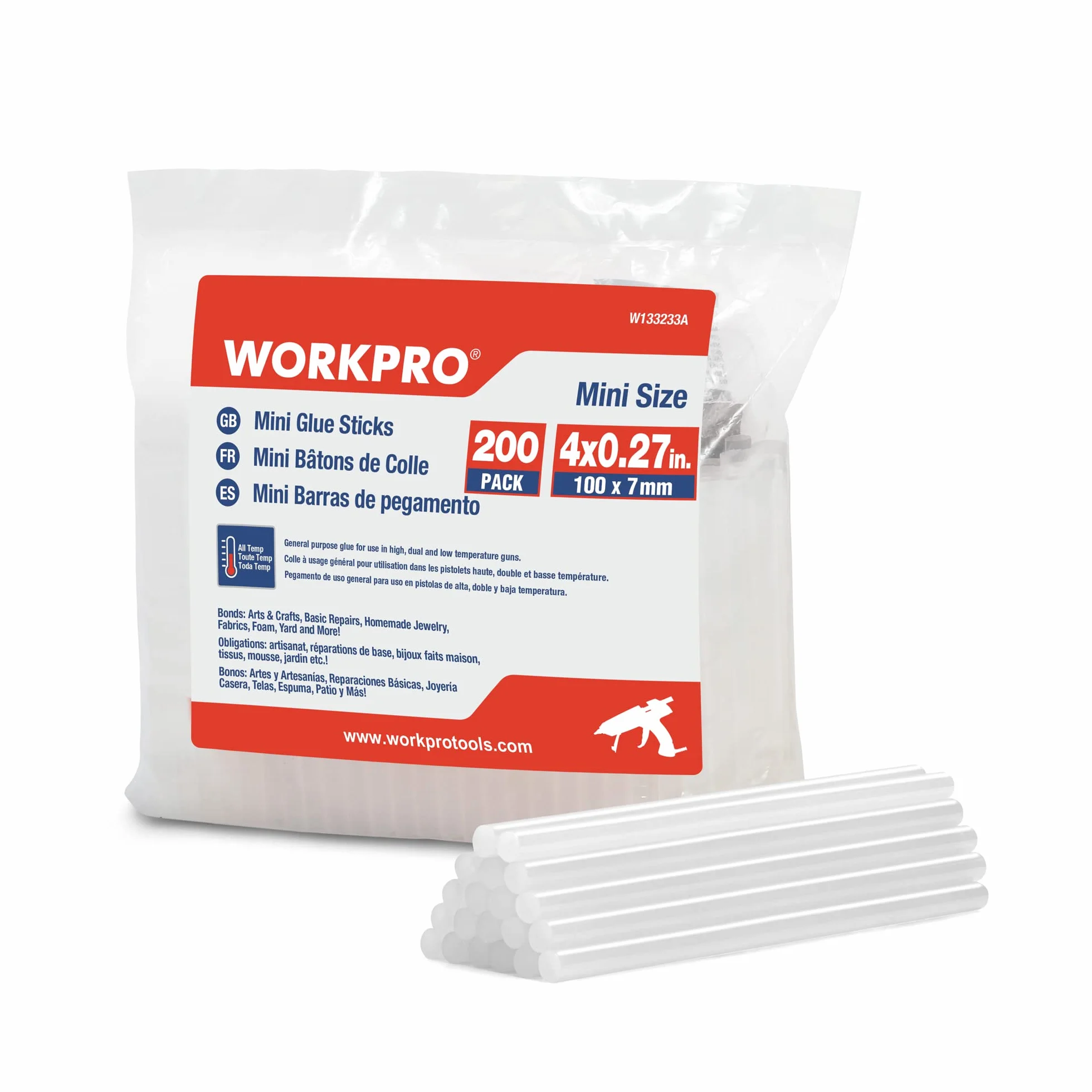 WORKPRO Zestaw 200 patyczków do kleju na gorąco 100 x 7 mm, uniwersalne przezroczyste patyczki kleju do pistoletu na gorący klej, idealne do majsterkowania, rzemiosła, spędzania wolnego czasu