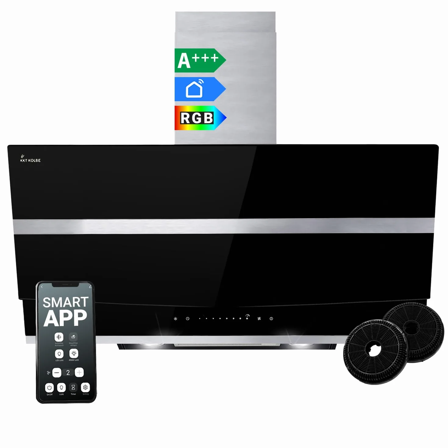Okap kuchenny 90 cm | okap ścienny ze stali nierdzewnej | czarne szkło | WiFi | automatyczne wyłączanie | oświetlenie LED RGBW | sterowanie dotykowe | HERMES9005SM