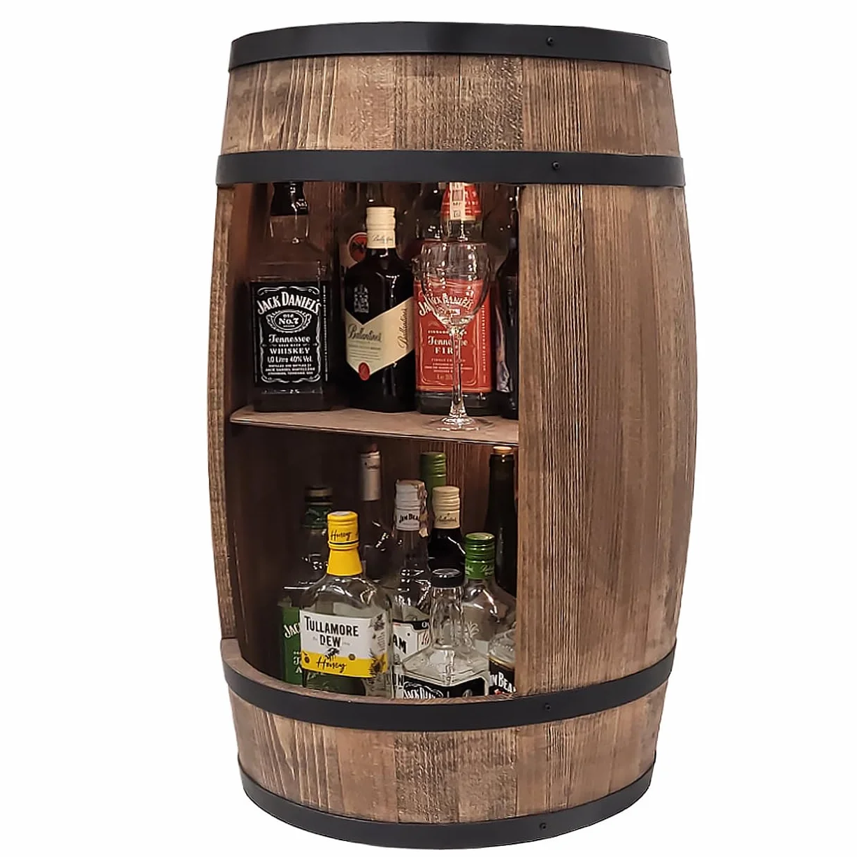 weeco szafka barowa LED Regał na wino, szafka na wino XL Beczka w stylu vintage, dekoracja do salonu Minibar na gin, whisky, piwo Beczka na wino stolik barowy Drewniana beczka na szklanki i butelki.