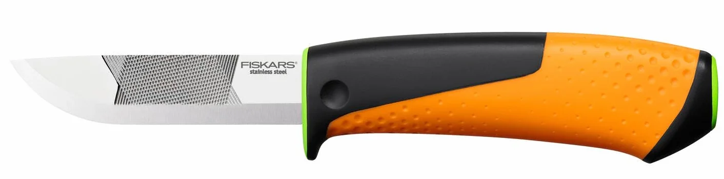 Fiskars Nóż profesjonalny wraz z kaburą z wbudowaną ostrzałką, Długość całkowita: 21,9 cm, Czarny/ pomarańczowy/ zielony, 1023619