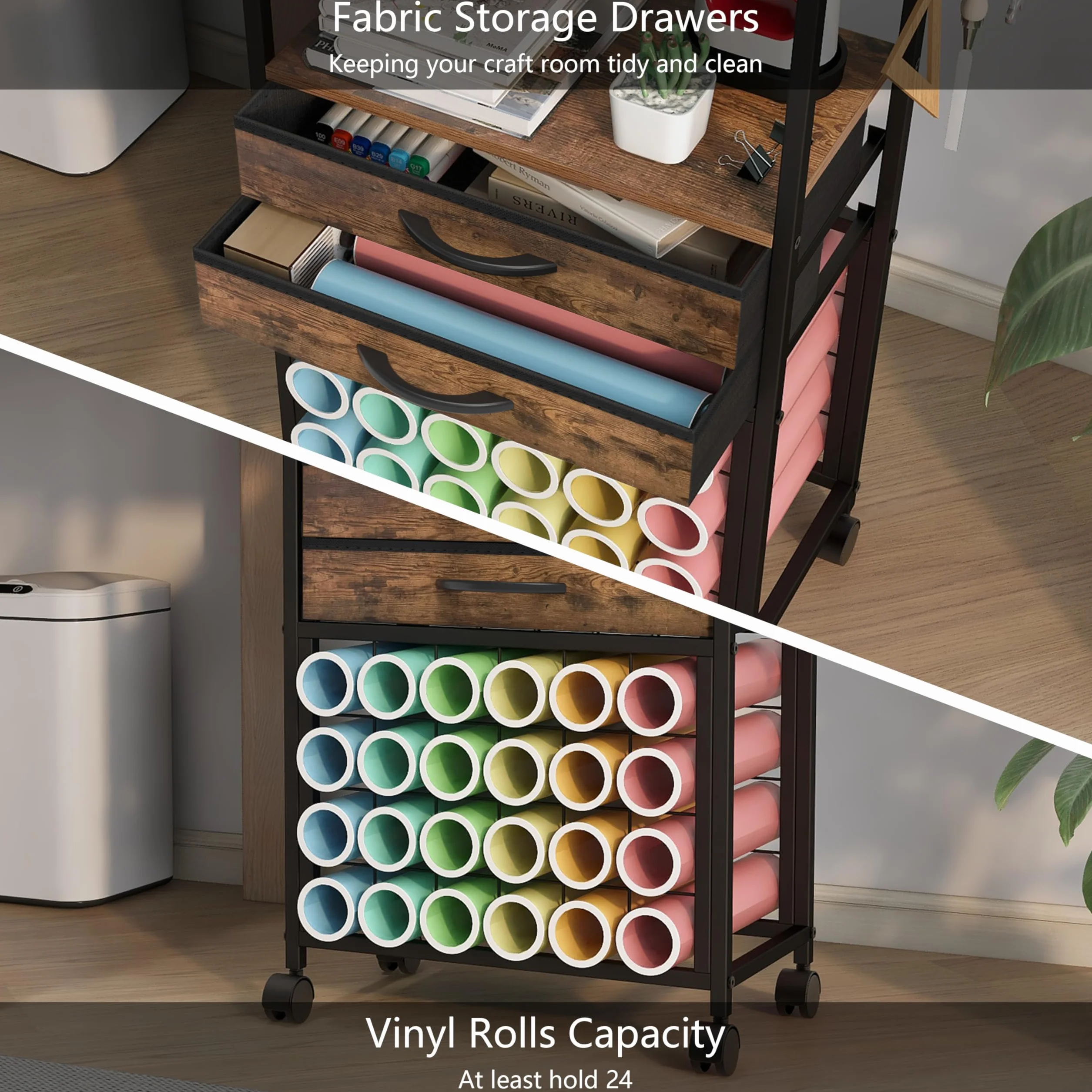 Trironsun Organisation Craft Cart kompatybilny z maszynami Cricut, zwijany organizer rzemieślniczy, 24 uchwyty na rolki winylowe, 2 szuflady materiałowe, do majsterkowania, pokoju rzemieślniczego