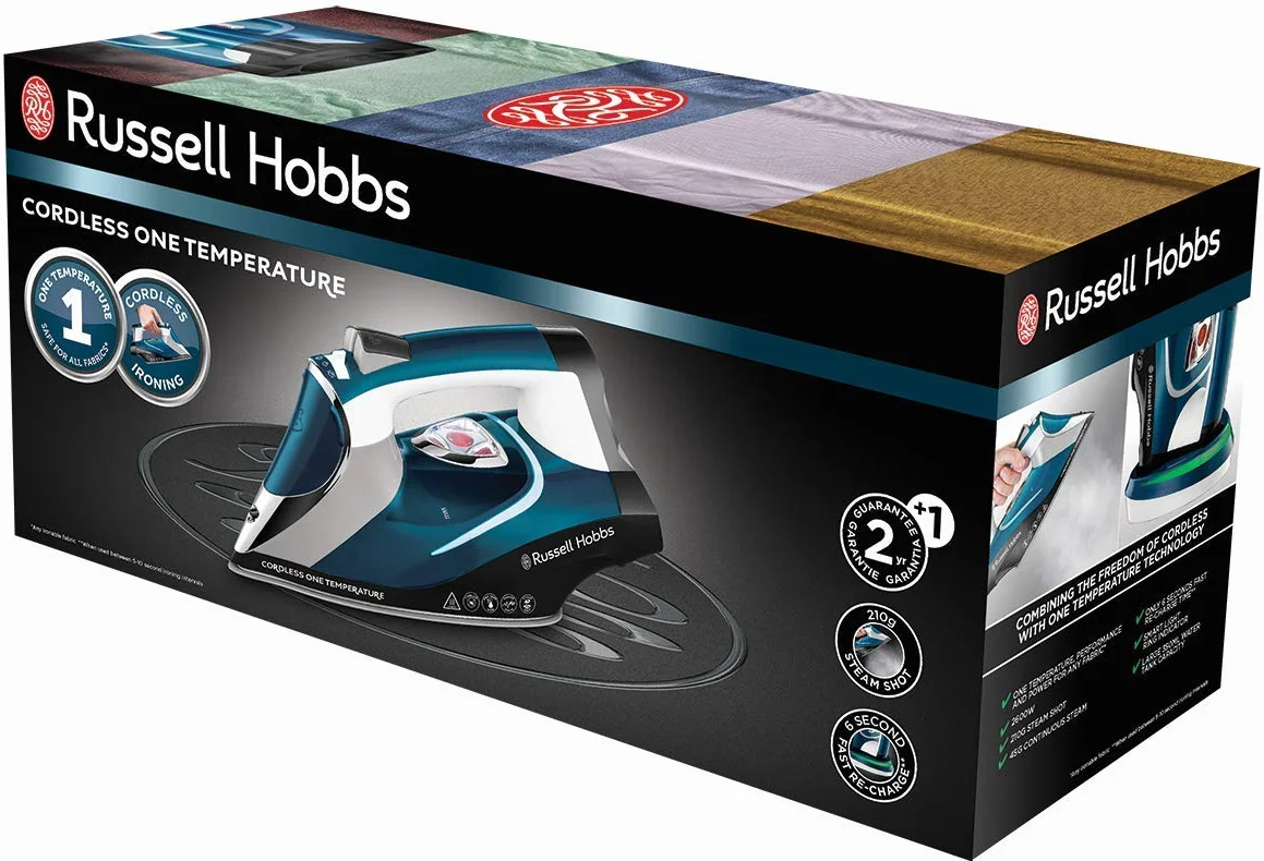 Russell Hobbs Żelazko parowe [2600W, uderzenie pary 210g] Cordless One Temperature (bezprzewodowe ze stacją bazową i technologia jednej temperatury do wszystkich tkanin, czas pracy ok. 25s) 26020-56