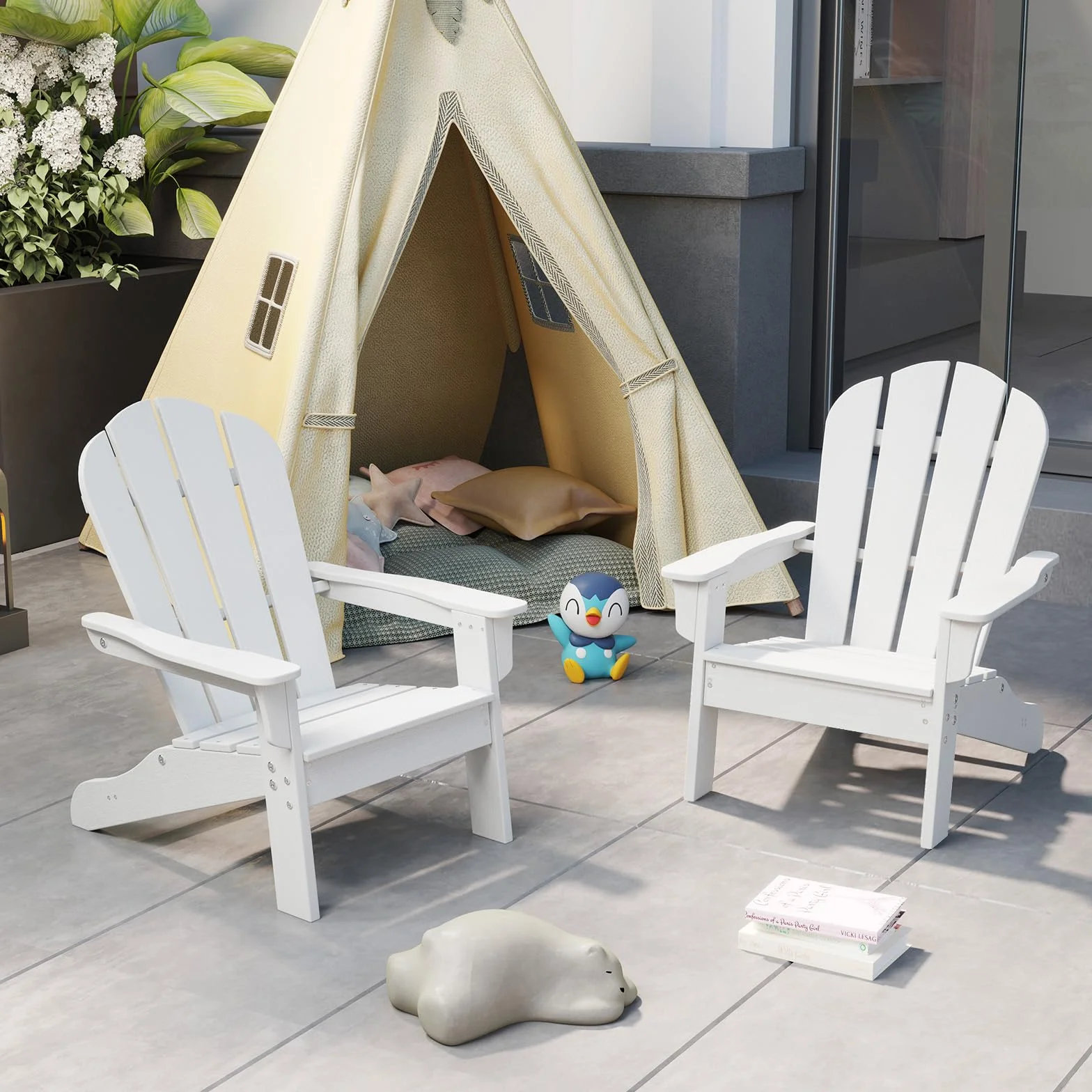 GOPLUS krzesło Adirondack dla dzieci, krzesło Adirondack odporne na warunki atmosferyczne z HDPE z ergonomiczną oparciem i szerokimi podłokietnikami, wytrzymałe do 75 kg, krzesło dziecięce na zewnątrz