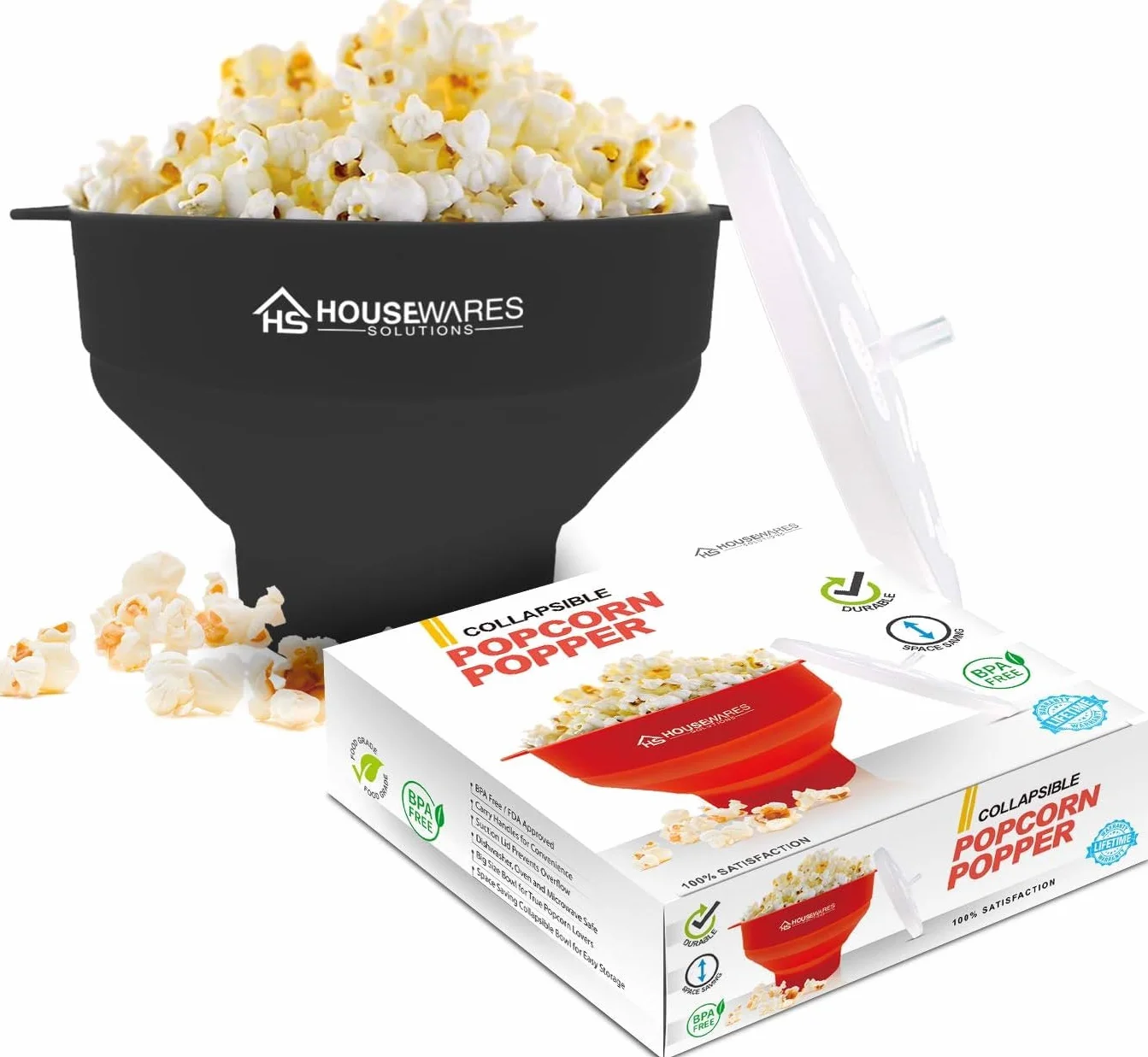 Składana silikonowa kuchenka mikrofalowa na gorące powietrze popcorn miska z pokrywką i uchwytami (Black)