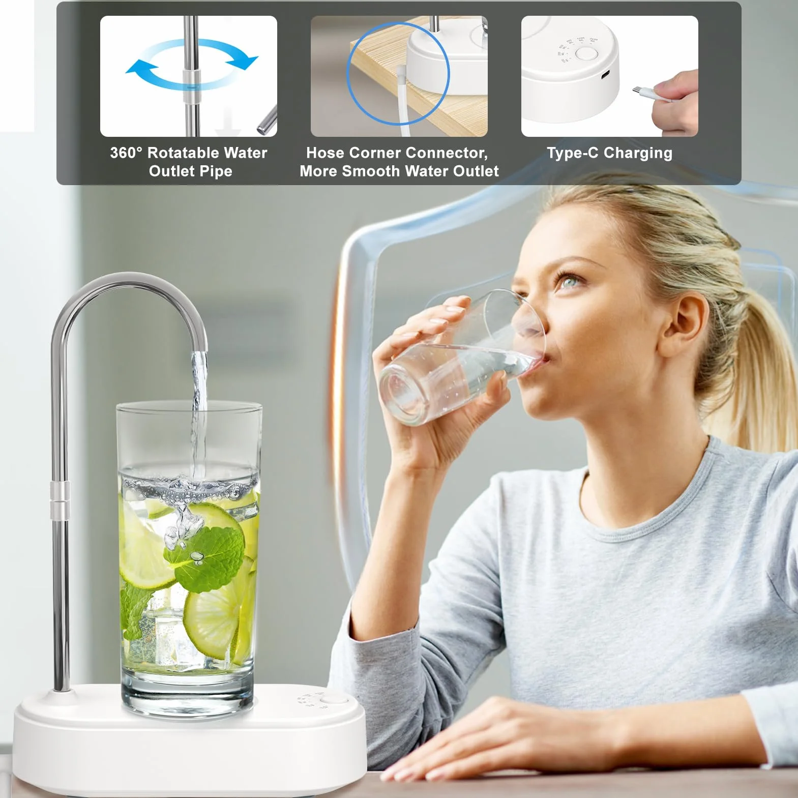 Biurkowy dozownik wody, przenośny dozownik wody do ładowania USB, sześciobiegowy ilościowy ściek, inteligentny stołowy dozownik wody do uniwersalnej butelki 2-5 l, do domu, biura, podróży, na kemping