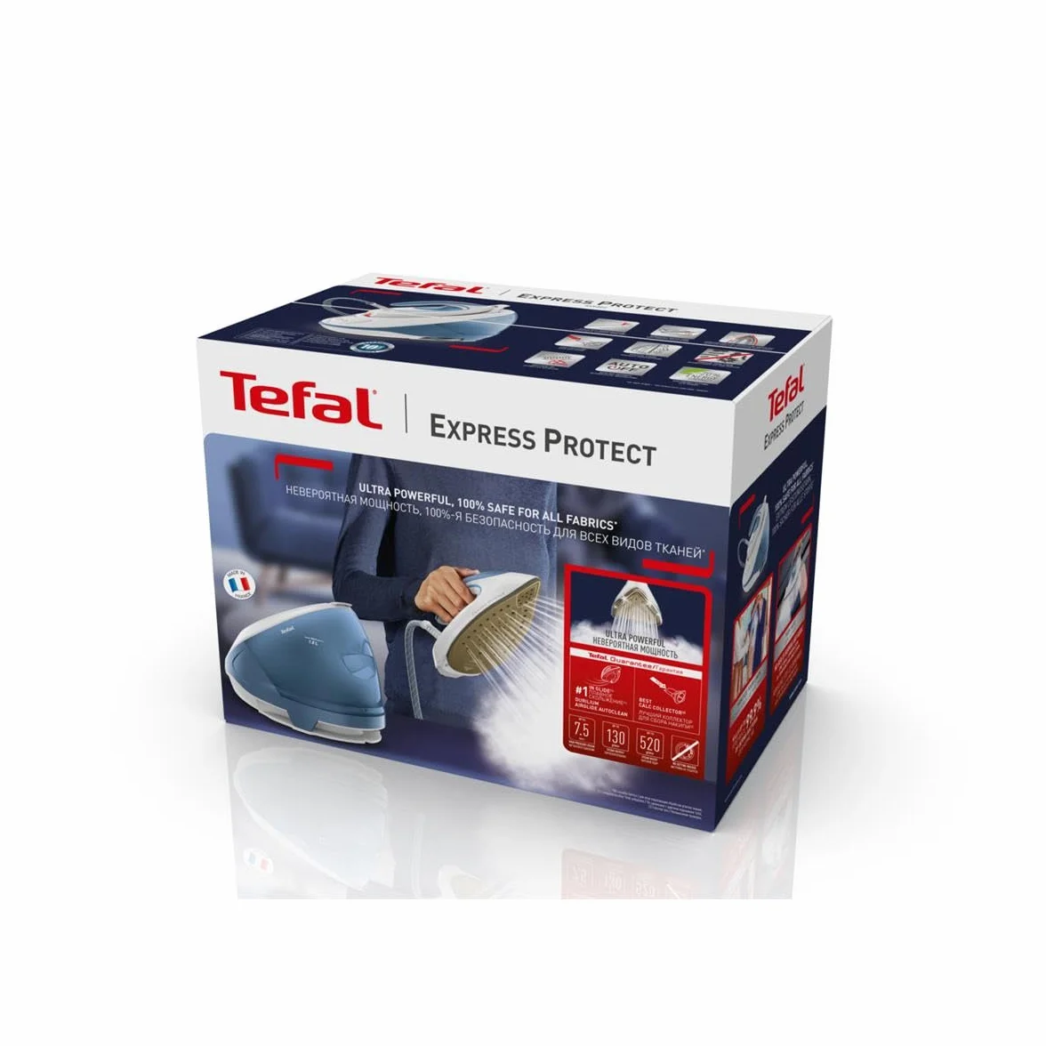 TEFAL SV9202 Protect Generator pary, Stacja do Prasowania Parowego, Ciśnienie 7,5 bara, Uderzenie pary: 520 g/min, Stały wyrzut pary: 130 g/min, Prasowanie w pionie, 2600 W, 1,8 L, Biały/Niebieski