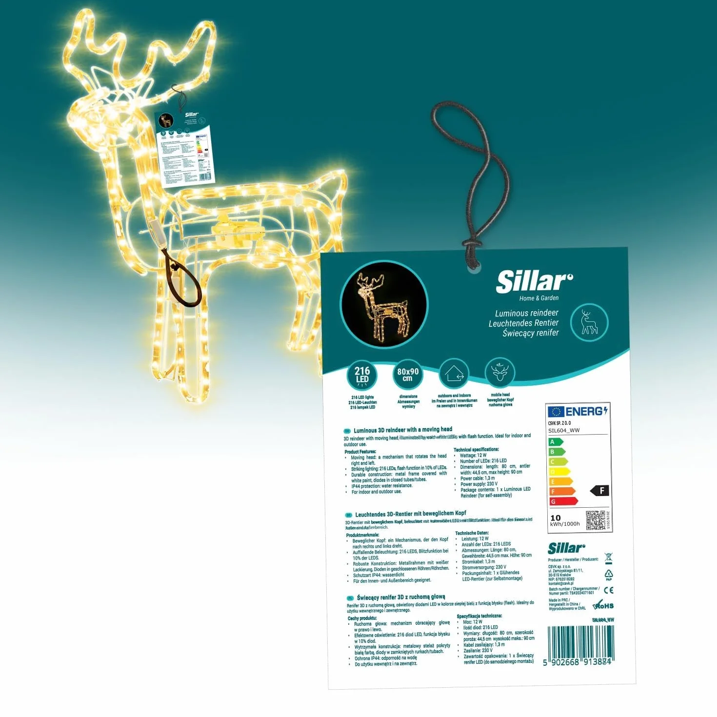 Sillar świecący renifer z obrotową główką 80cm, 216 diod LED, funkcja błysku, oświetlenie LED do użytku na zewnątrz i wewnątrz, figurka bożonarodzeniowa, dekoracja świąteczna, ogrodowa, ciepła biel