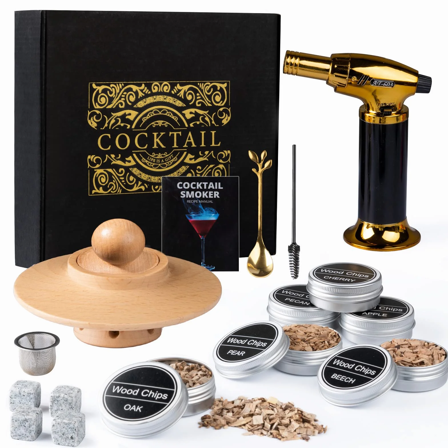 Zestaw Whisky Smoker – Old Fashioned Cocktail Gift Set z 6 Wiórkami Drzewnymi, 4 Kamieniami Granitowymi do Whisky i Palnikiem – Idealny Prezent dla Miłośników Whisky i Koktajli (bez butanu)