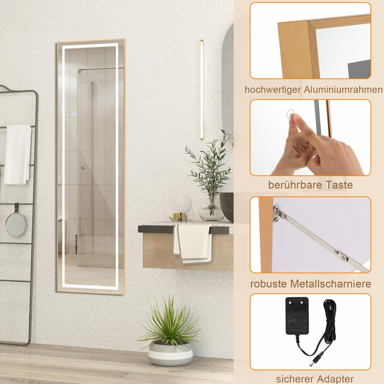 COSTWAY Lustro stojące 2 w 1 z oświetleniem LED, 3 kolory światła, możliwość ściemniania, lustro garderobiane ze złotą ramą aluminiową, do korytarza, sypialni, salonu