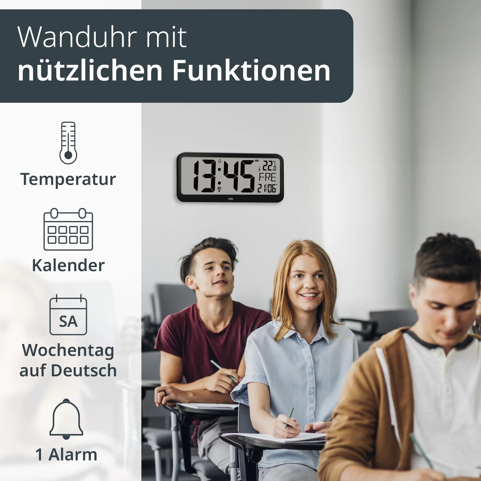ADE Bardzo duży cyfrowy zegar ścienny z cyframi XXL | zegar radiowy z kalendarzem | idealny do biura, dużego pomieszczenia, warsztatu, seniorów | termometr i alarm | zegar stołowy czarny