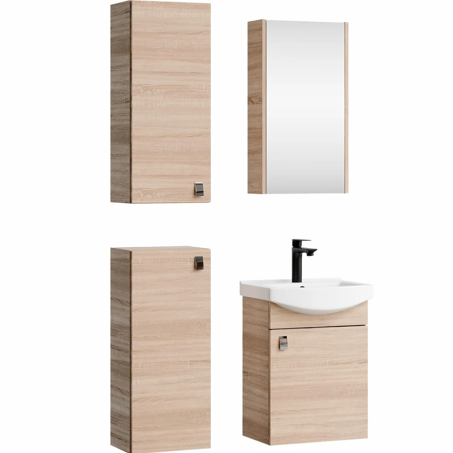 Planetmöbel Zestaw mebli łazienkowych umywalka z mebel podumywalkową 45 x 60 x 33 cm z szafką z lustrem 40 cm, 2X szafki midi do łazienki i WC dla gości, dąb sonoma