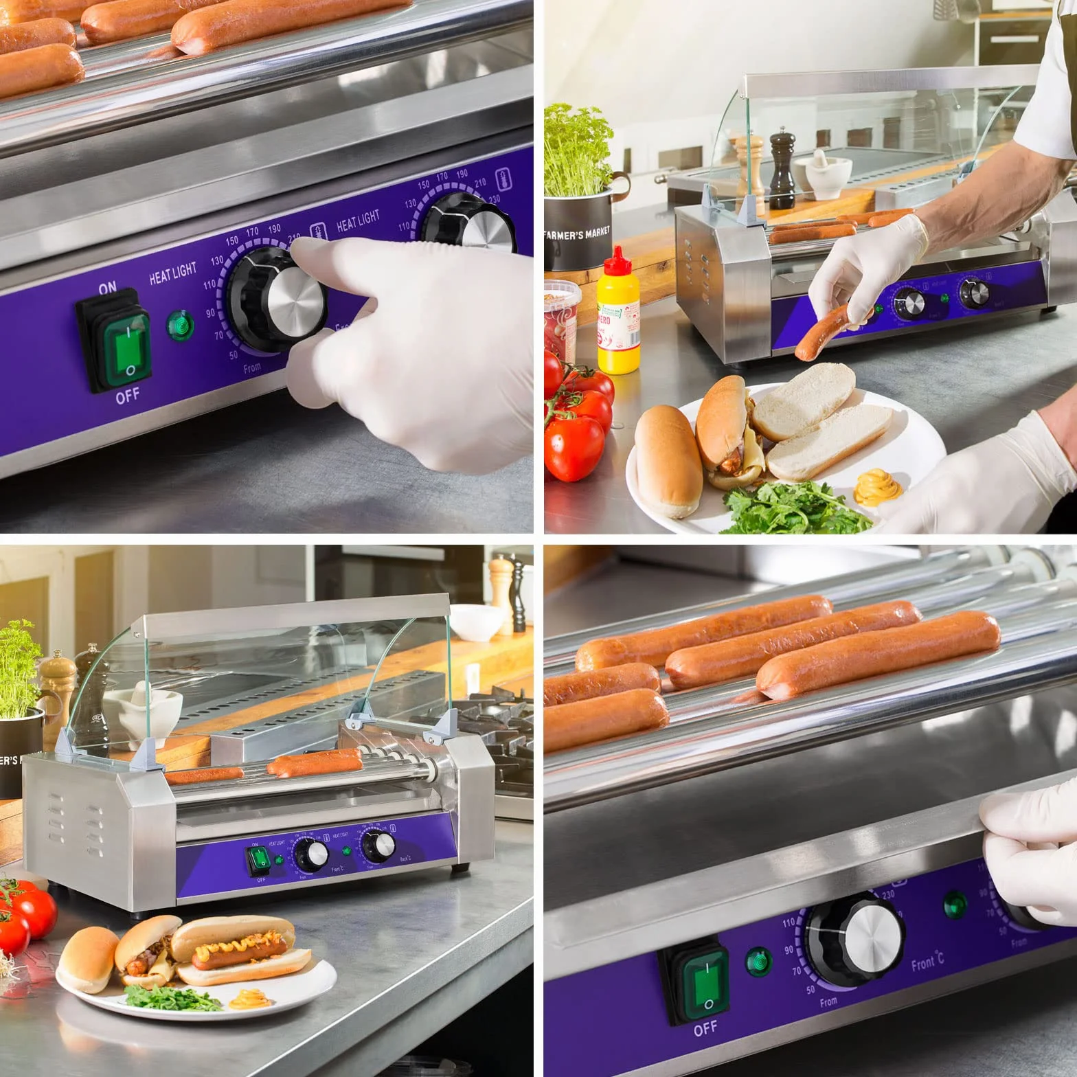 VERTES Gastro Hot Dog Maker 1000W 5 rolek 2 strefy grzewcze stal nierdzewna 50-250°C