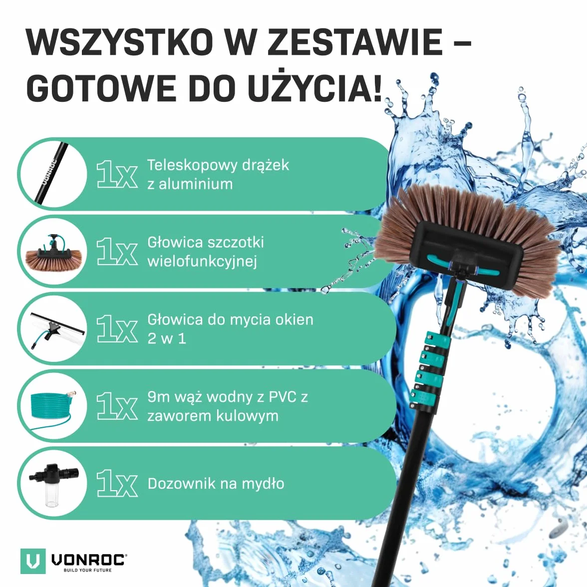 VONROC Teleskopowa Szczotka do Mycia 6,5m Regulowana Myjka z Wężem 9m