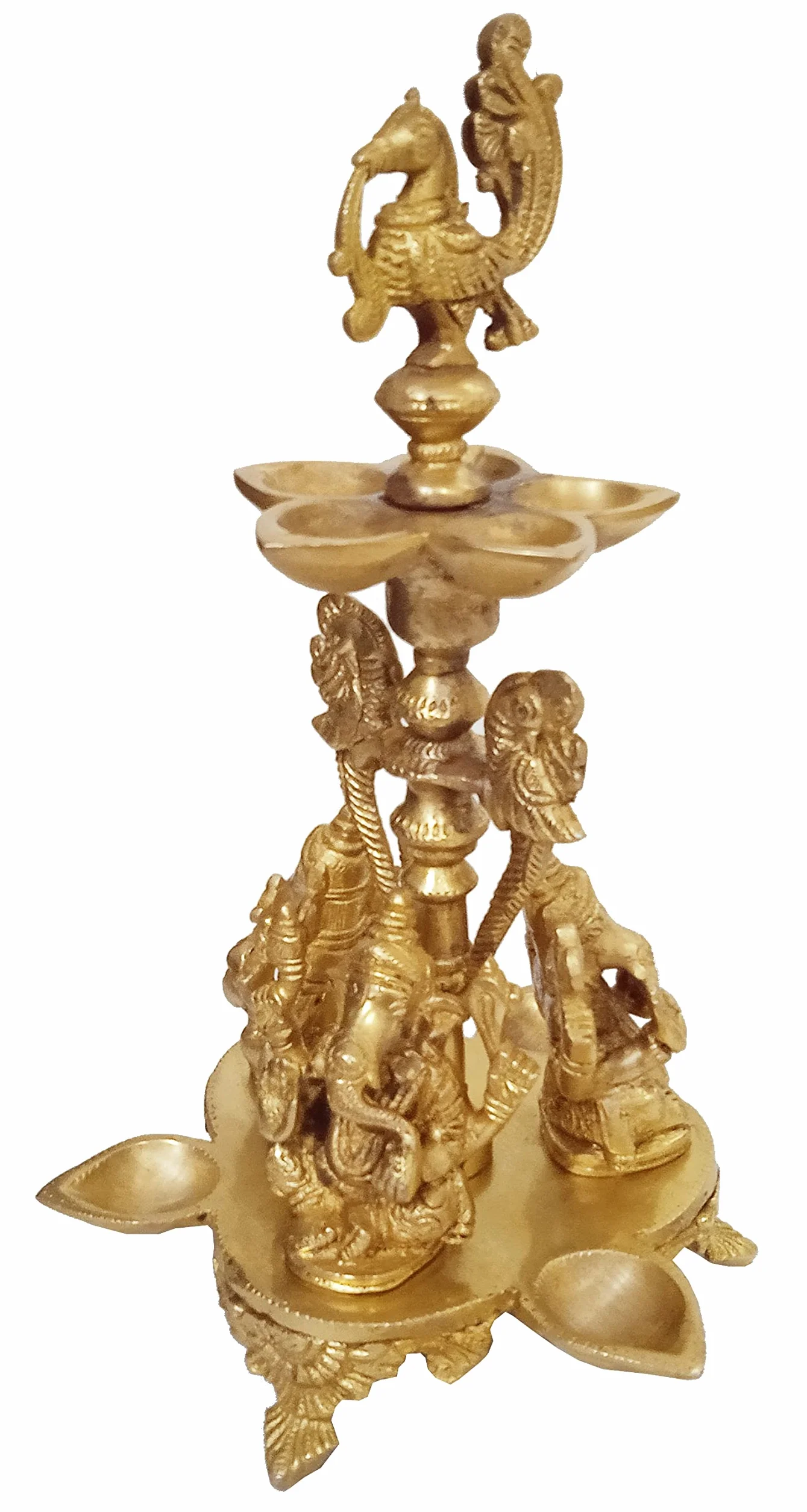 Purpledip Mosiężna lampa olejowa Kuthu Vilakku: Antyczny wzór Royal Deepam Diya z 3 Ganescha, papugi i paw (12033A)