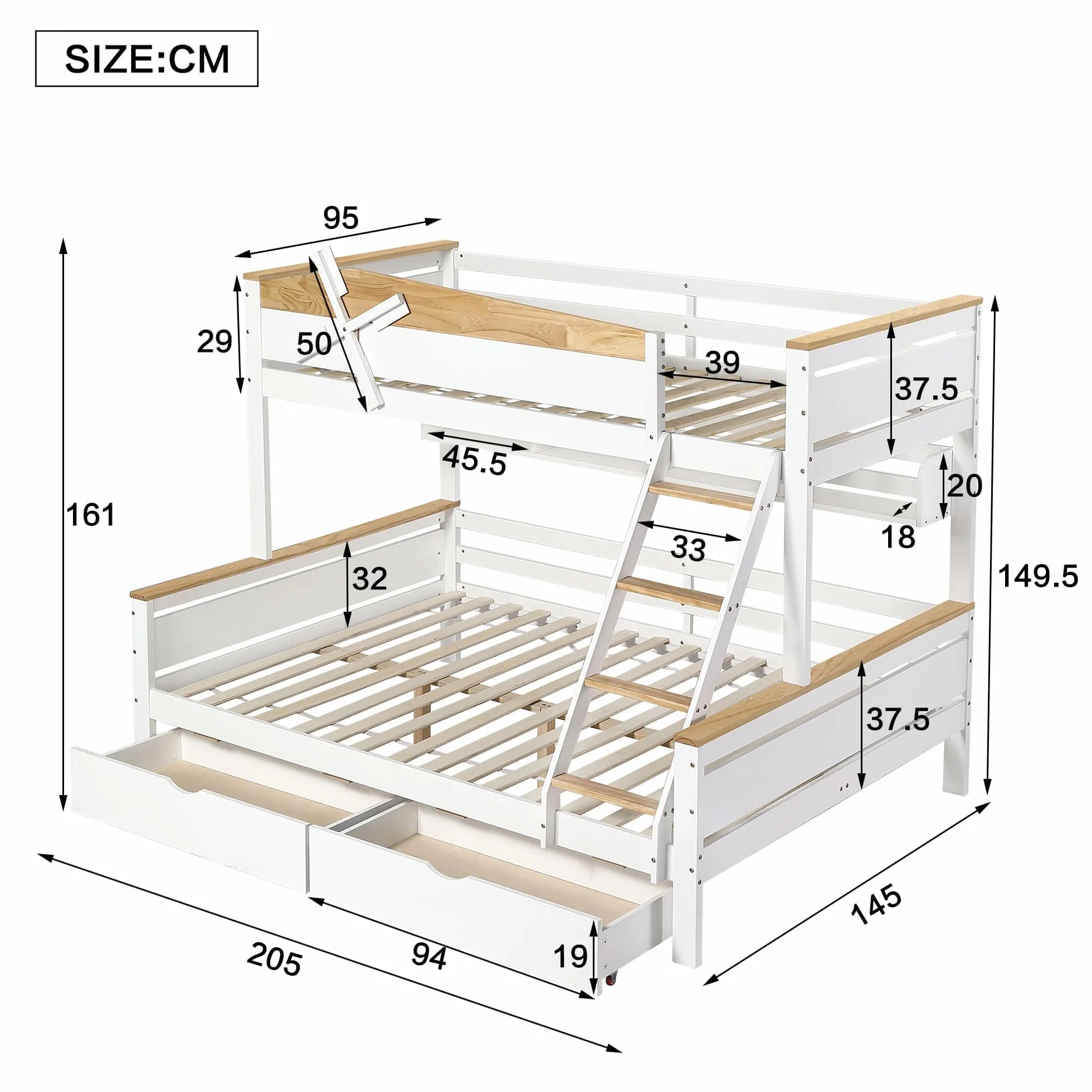 Łóżko piętrowe 90 x 200 cm i 140 x 200 cm z szufladami i otwartym regałem, łóżko piętrowe z zabezpieczeniem przed wypadnięciem i drabinką, rama łóżka ze stelażem, łóżko do przechowywania dla