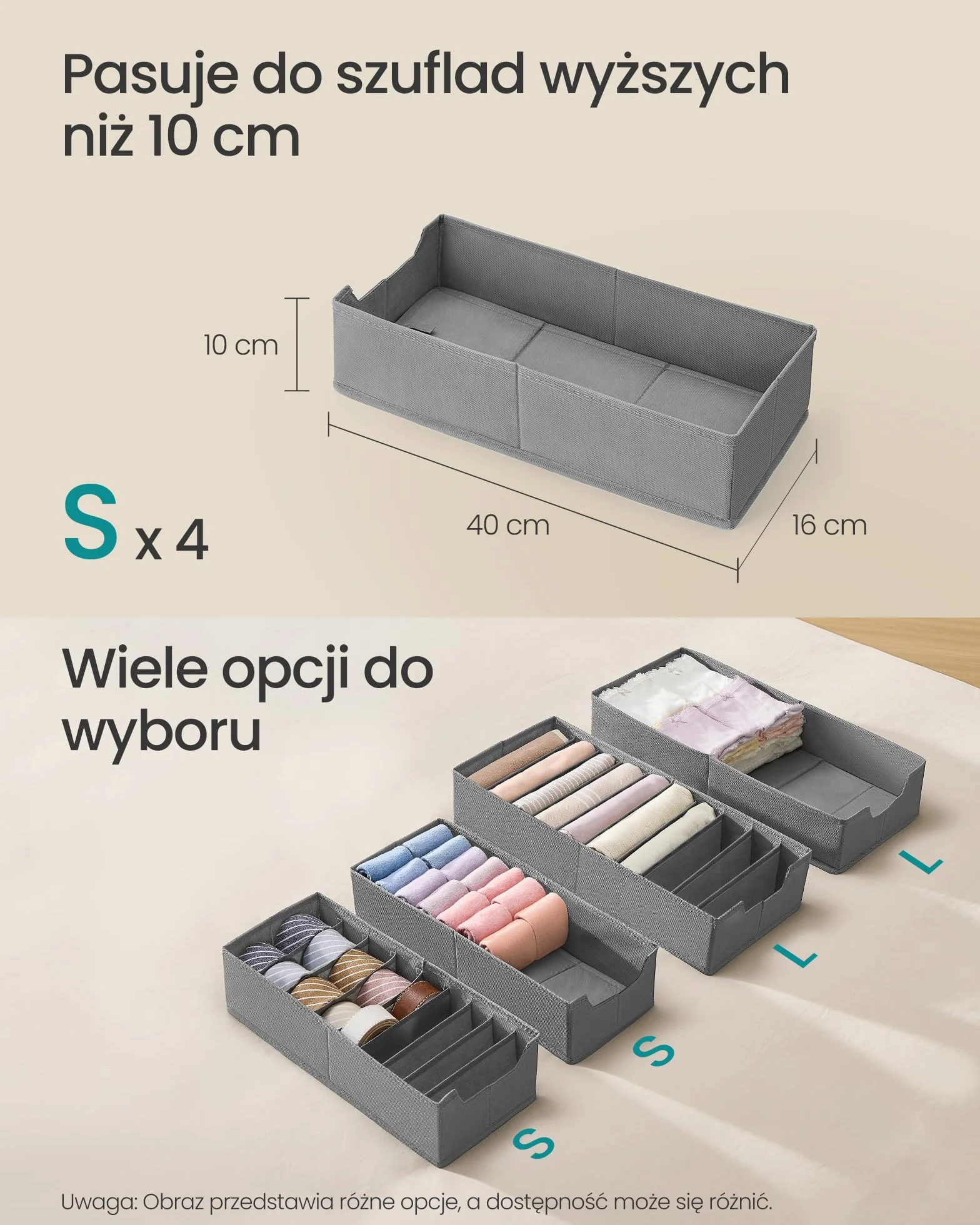 SONGMICS Zestaw 4 organizerów na bieliznę, organizer do szuflady do komód IKEA HEMNES i MALM, bez przegródek, składany organizer do szafy, 40 x 16 x 10 cm na skarpetki, gołębi szary RUS012G01