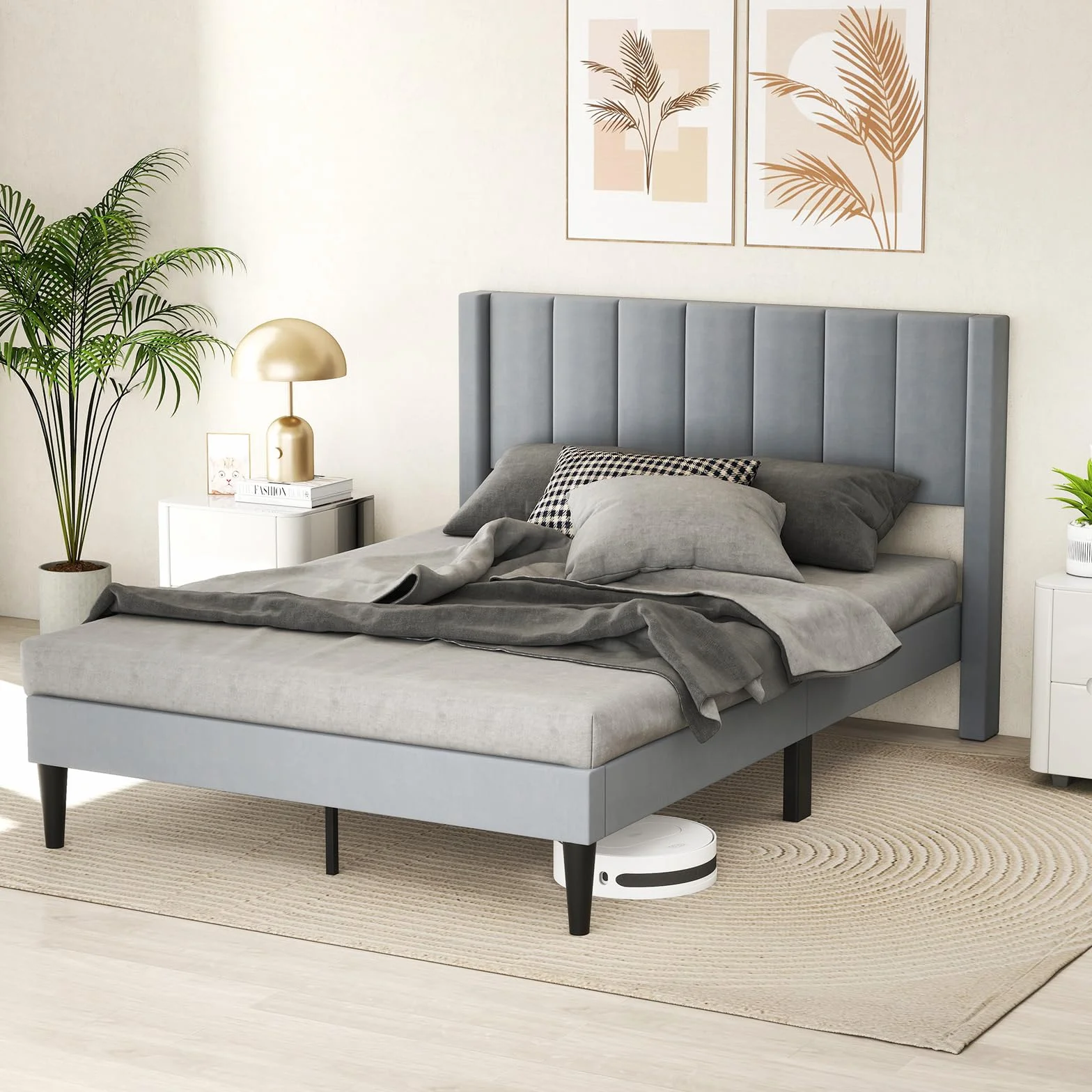 COSTWAY Rama łóżka na materac 200 x 140 cm, tapicerowany stelaż łóżka dwuosobowego, łóżko z podnóżkiem z zagłówkiem, drewniana podpora, regulowane podkładki pod stopy, kolor szary (Model I,L)
