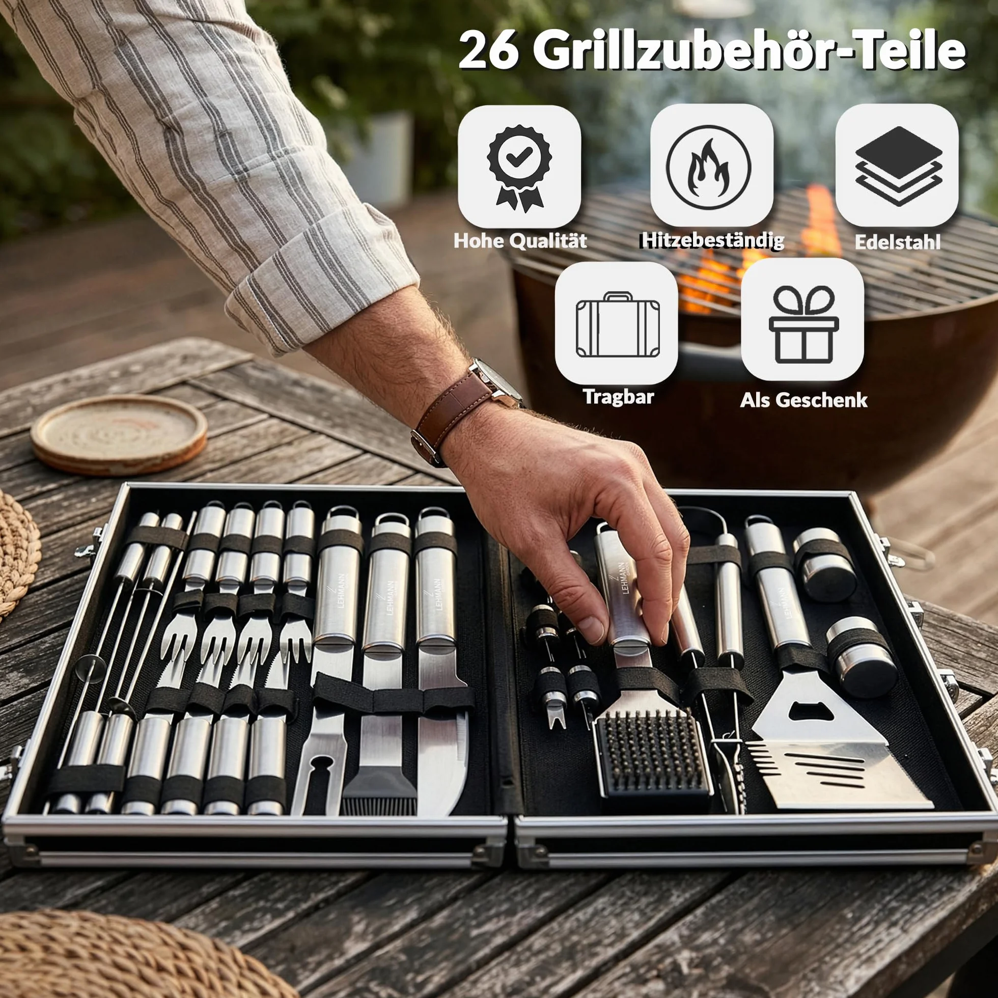 LEHMANN Zestaw naczyń do grillowania, 26 sztuk, ze stali nierdzewnej, szczypce, szpatułka 4 w 1, widelec, szczotka do czyszczenia, kompletny zestaw akcesoriów do grillowania z przenośną walizką