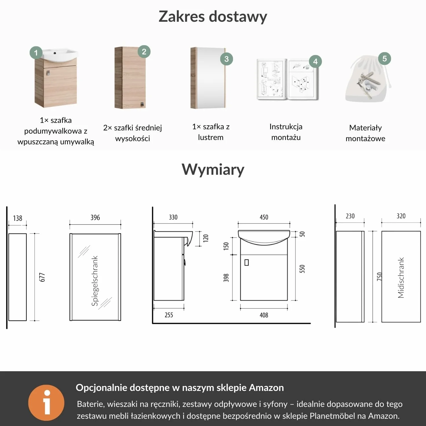 Planetmöbel Zestaw mebli łazienkowych umywalka z mebel podumywalkową 45 x 60 x 33 cm z szafką z lustrem 40 cm, 2X szafki midi do łazienki i WC dla gości, dąb sonoma