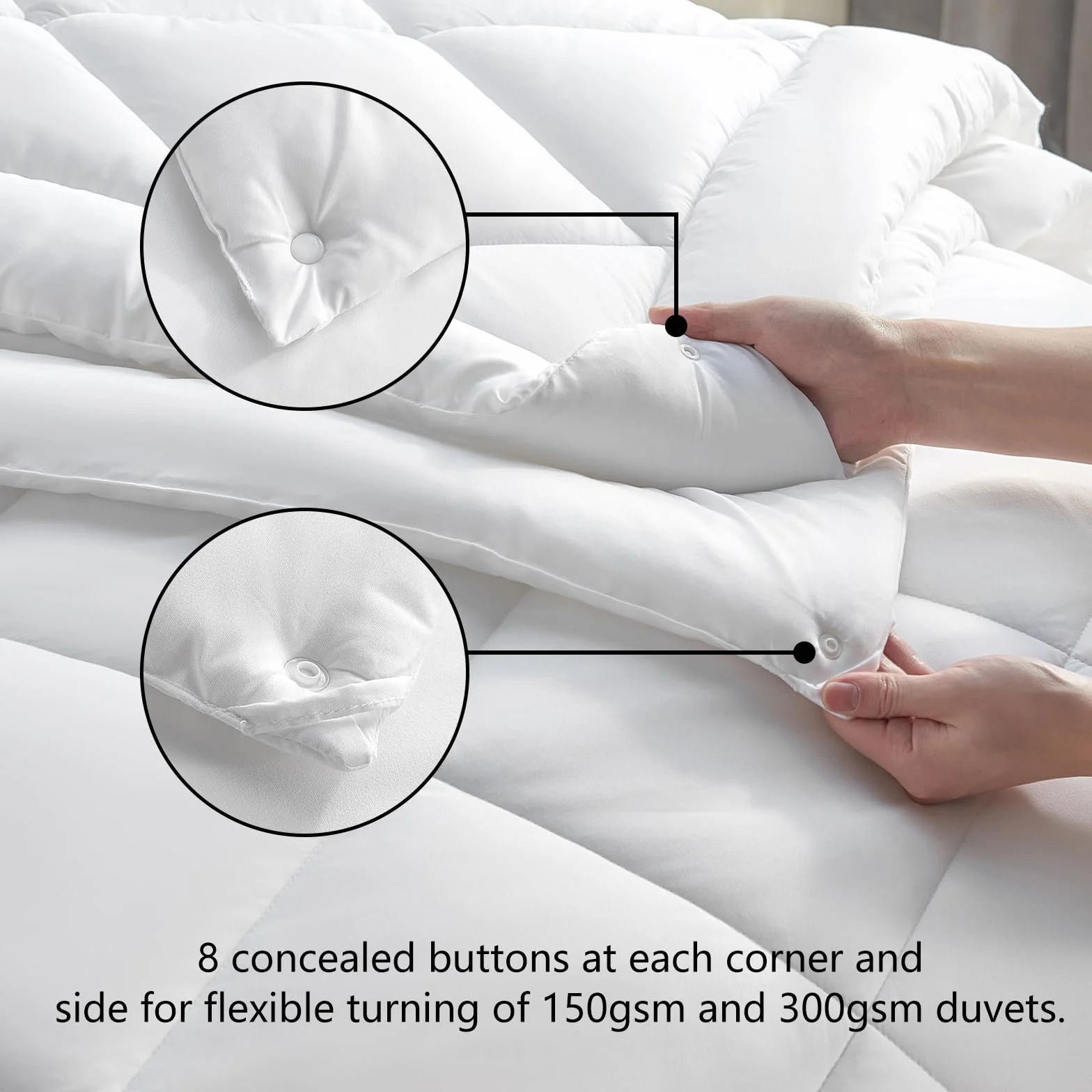 CozyLux Kołdra 260 x 240 4 pory roku 3 w 1 (150 g/m² + 300 g/m²= 450 g/m²) Lekka kołdra + połowa sezonu = ciepła zima z zatrzaskami, 240 x 260 biały