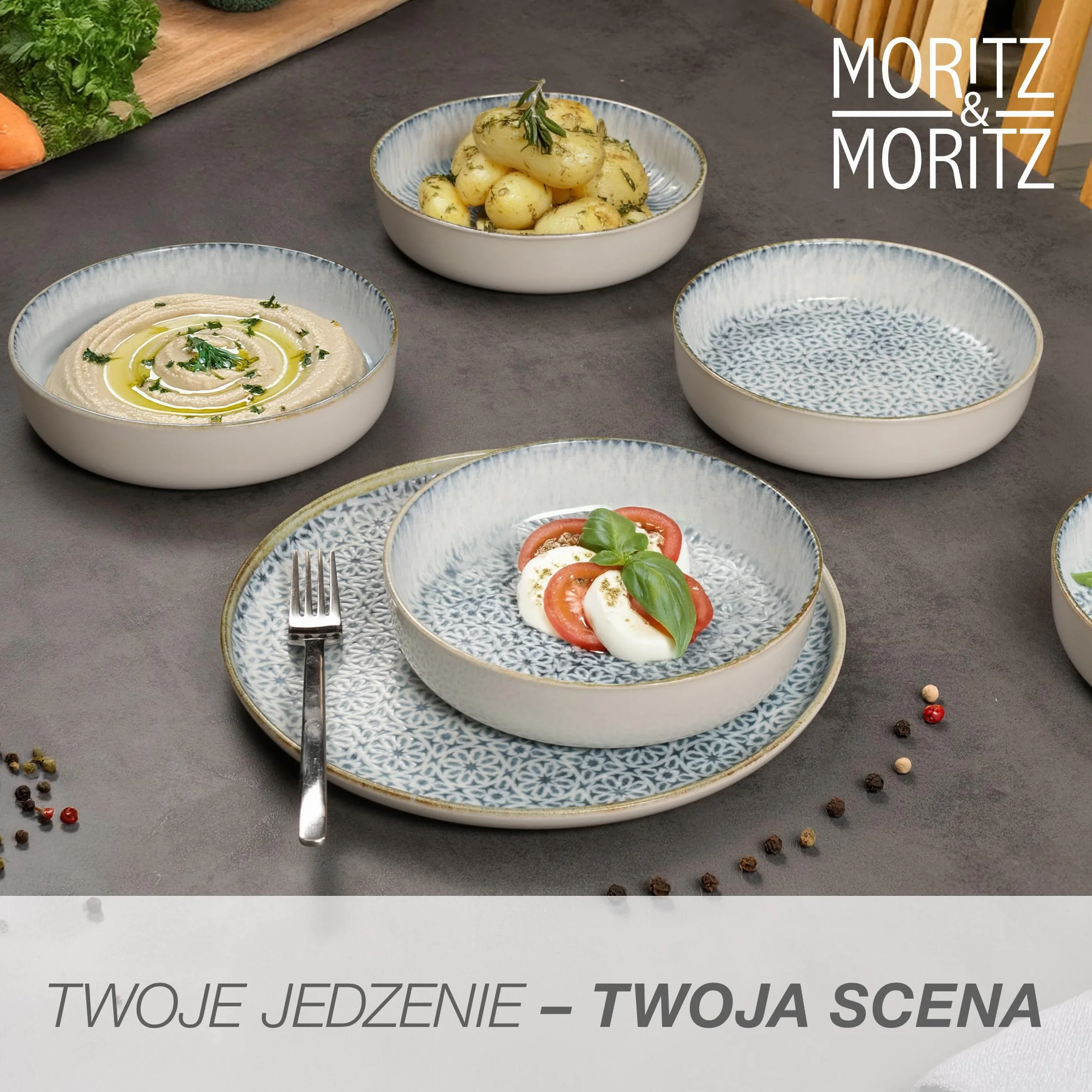 Moritz & Moritz ALHAMBRA 18-częściowy zestaw naczyń dla 6 osób, z wysokiej jakości porcelany, nowoczesny serwis stołowy w kolorze niebieskim, łatwy w pielęgnacji, zestaw 6 talerzy obiadowych, talerzy