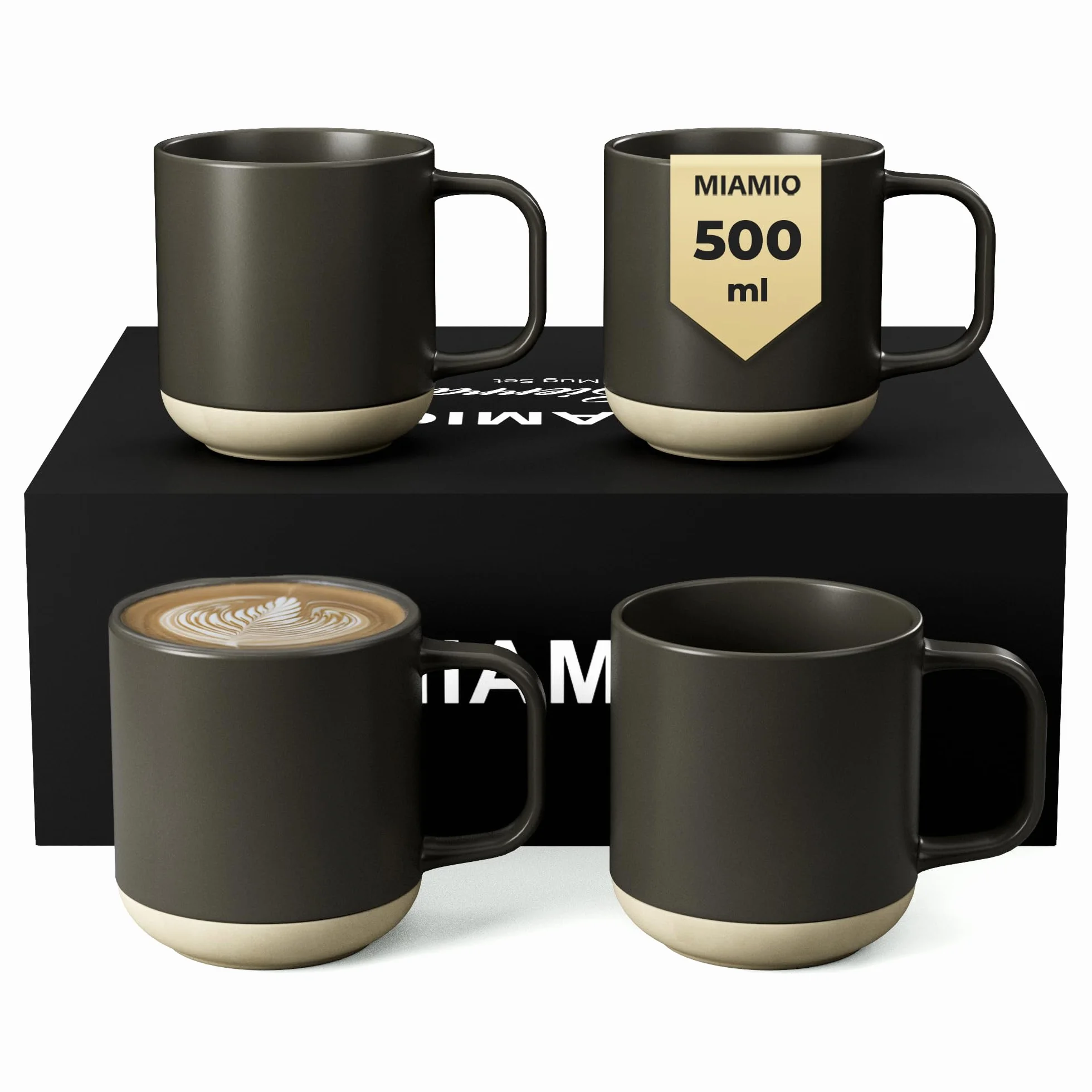 MIAMIO – Zestaw 4 Kubków do Kawy/Ceramiczne Filiżanki na Kawę (500 ml), Cappuccino, Latte Macchiato, Herbatę, Espresso/Można Myć w Zmywarce i Używać – Kolekcja Sierra (Ciemny, Kubki (4x))