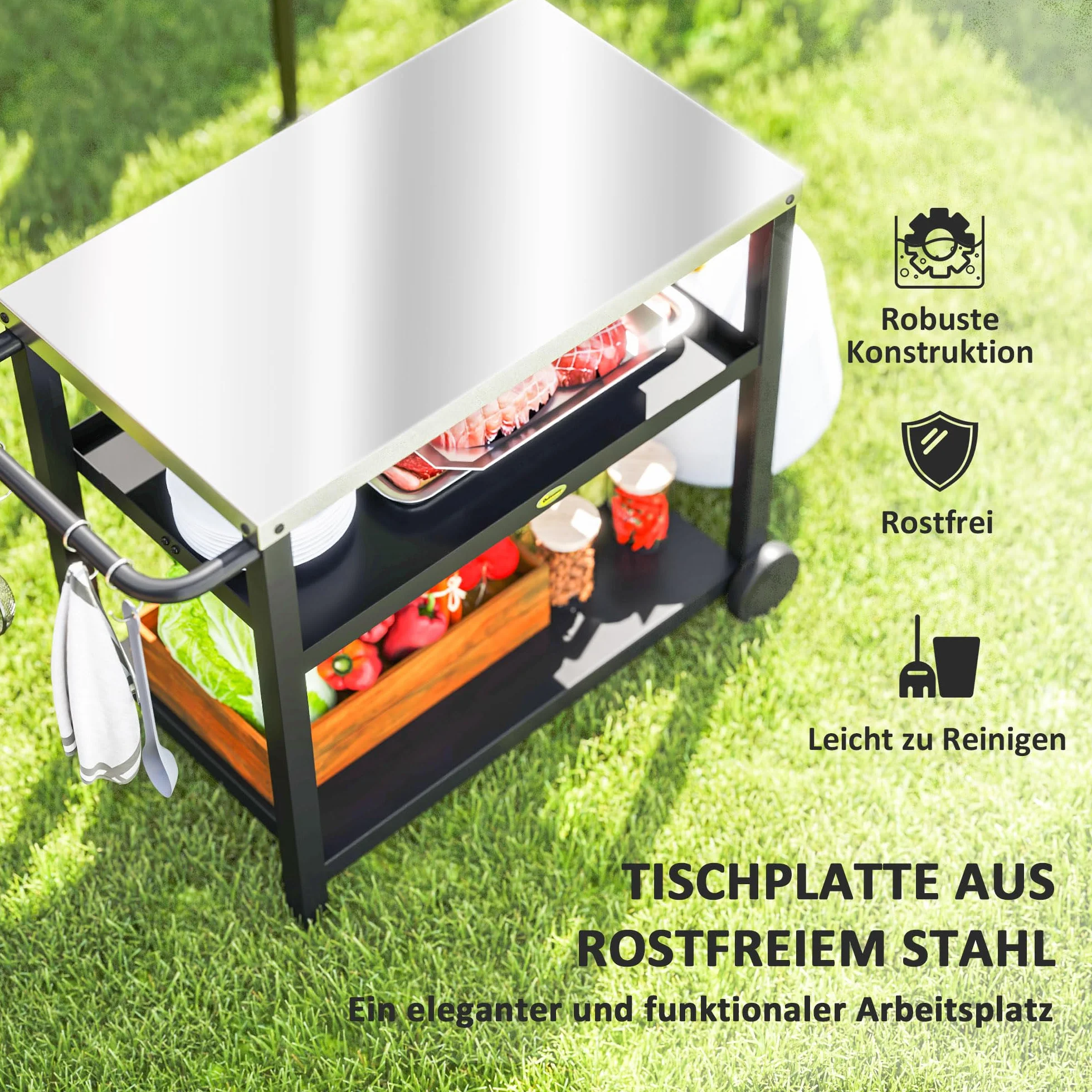 Outsunny Grill na kółkach, 3-poziomowy, wózek do serwowania z powierzchnią roboczą, półkami, hakami, kółkami, stal nierdzewna, stolik do grilla, stolik pomocniczy, wózek na kółkach do użytku na