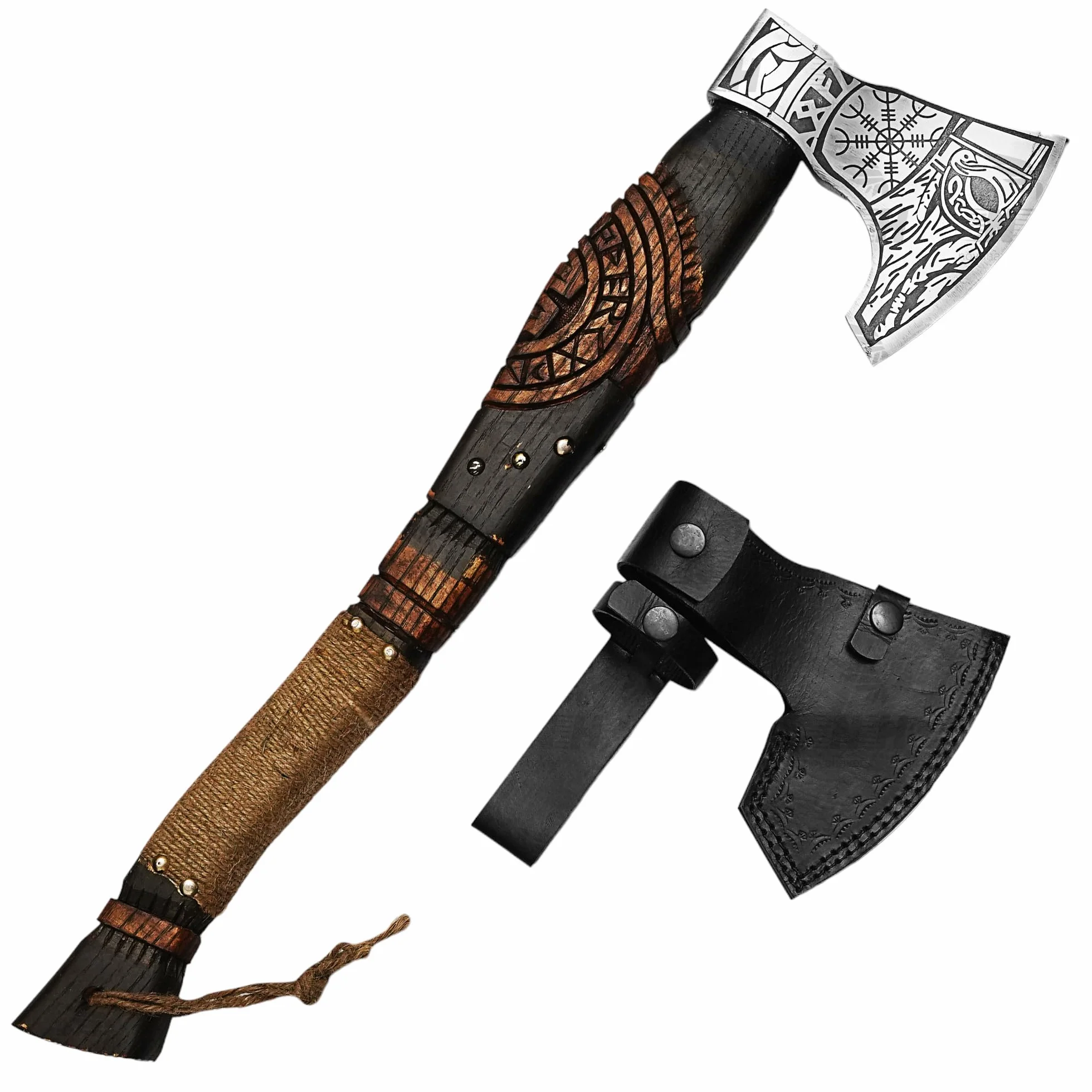 Topór Ragnar z 20-calowym grawerowanym uchwytem z jesionu i trawionym ostrzem z węgla stali - od NovaHaven