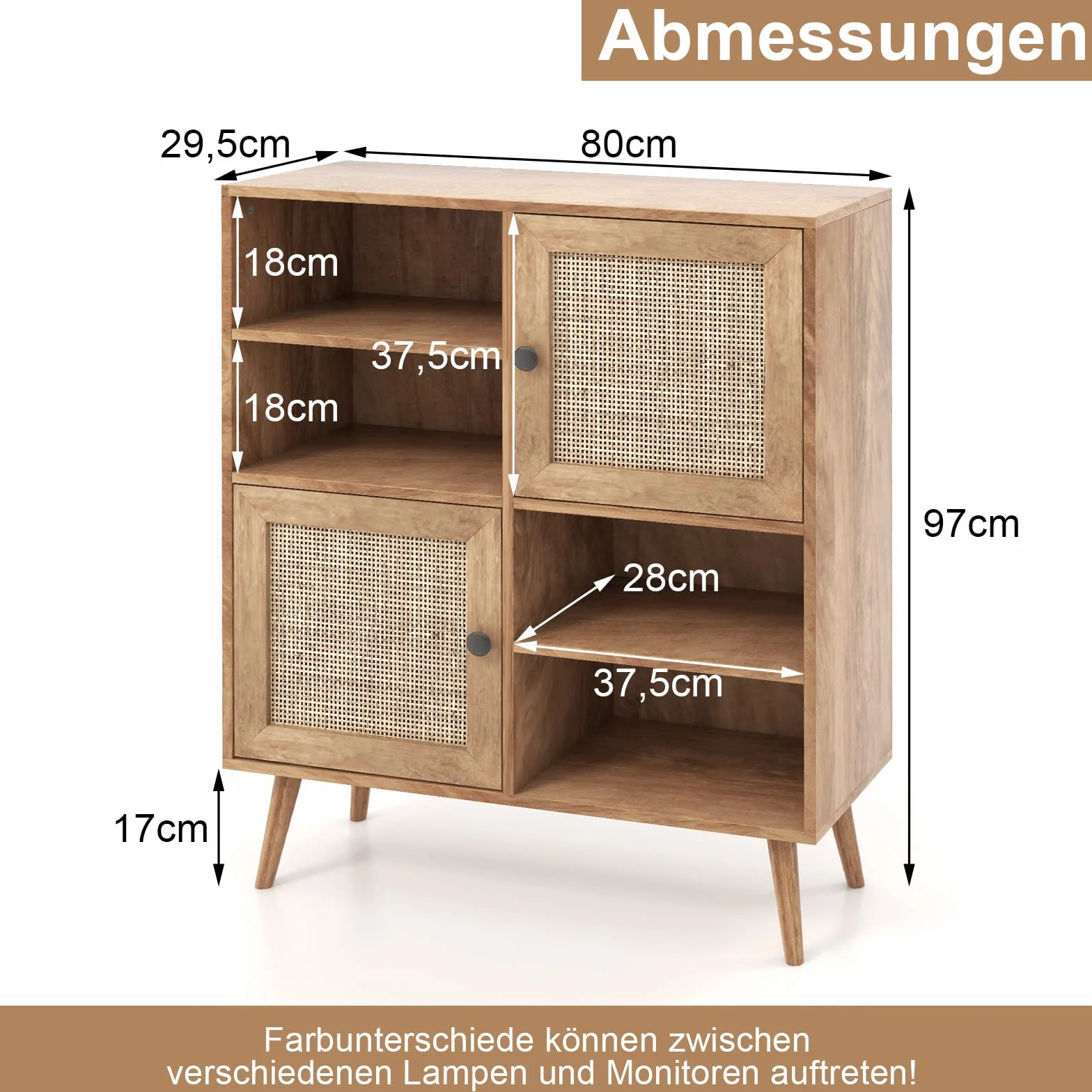 COSTWAY Kredens z drewna rattanowego, komoda z 2 drzwiami rattanowymi i 4 otwartymi półkami, szafka kuchenna, szafka bufetowa, nowoczesna szafka do przechowywania do kuchni, jadalni, 80 x 29,5 x 97 cm