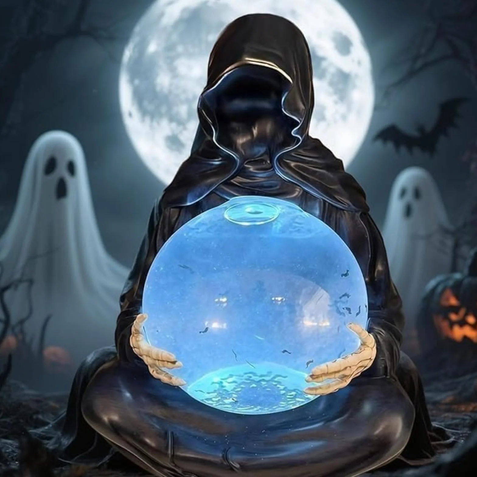 Statua Ponurego Żniwiarza z Latającymi Nietoperzami Kryształowa Kula Nowy Halloween LED Light Ponury Żniwiarz Świecące Kryształowe Kule, Figurka Śmierci Boga Halloween, Tajemnicza Figurka Nietoperza