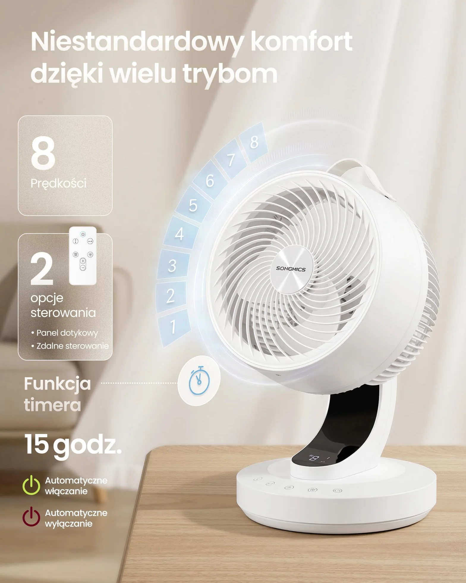 SONGMICS Cichy wentylator biurkowy 20 DB, pilot, cyrkulator powietrza, oscylacja 70°, 8 prędkości, timer 12 h, biały