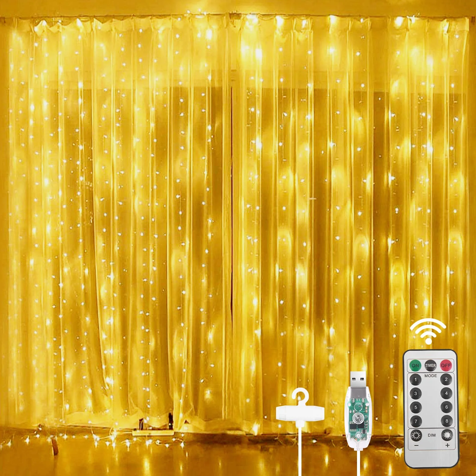 Vicloon Kurtyna świetlna LED, 3M*3M 300 diod LED Łańcuch świetlny USB i akumulatorowe z pilotem, wodoodporność IP65, 8 trybów, kurtyna świetlna LED na Boże Narodzenie - Ciepła biel