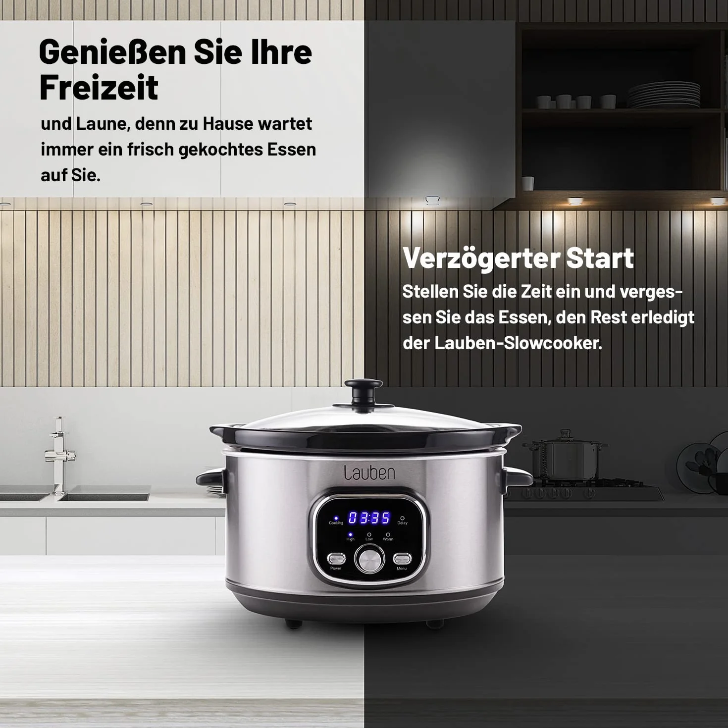 Lauben Slow Cooker 3500SB wolnowar z technologią Thermeffect®, technologia SlowHeat®, książka kucharska, pojemnik wewnętrzny z ceramiki, dwa poziomy temperatury, ręczne ustawienie czasu, 3,5 l