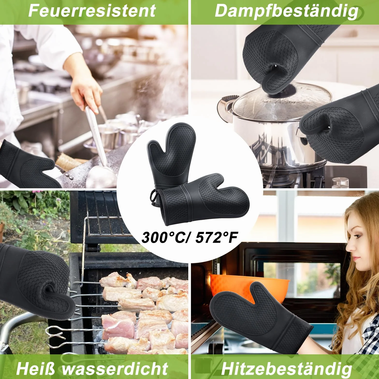 Rękawice kuchenne odporne na 300°C, 2-częściowy zestaw garnkowców z powłoką silikonową, idealne do grillowania, gotowania, pieczenia i piekarni