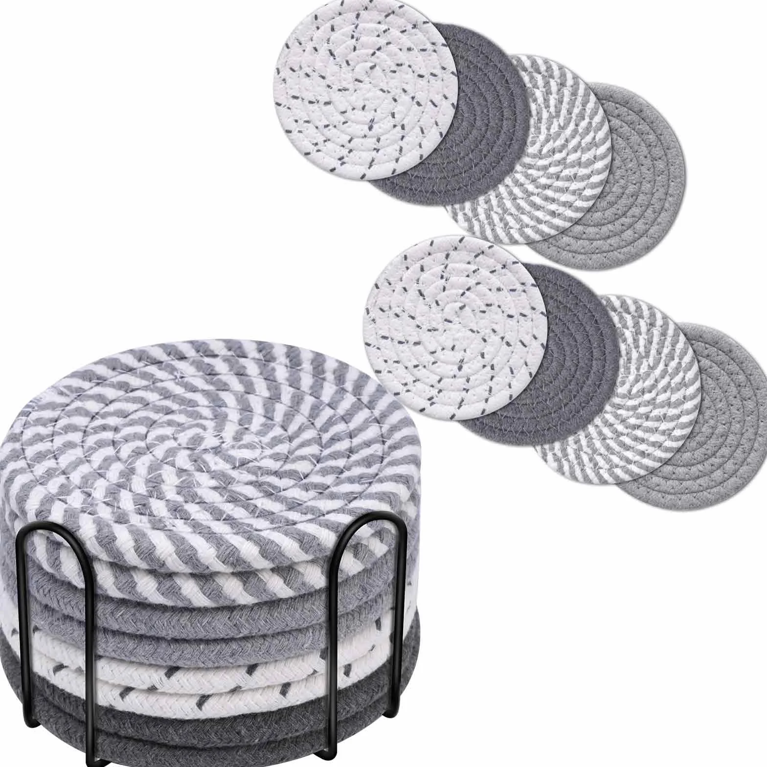 Podstawki pod napoje z uchwytem, 4-kolorowy bawełniany tkany zestaw chłonnych podstawek, minimalistyczna mata pod kubki 10,9 cm do dekoracji domu, stołu jadalnego, salonu, ochrona blatu-Szary
