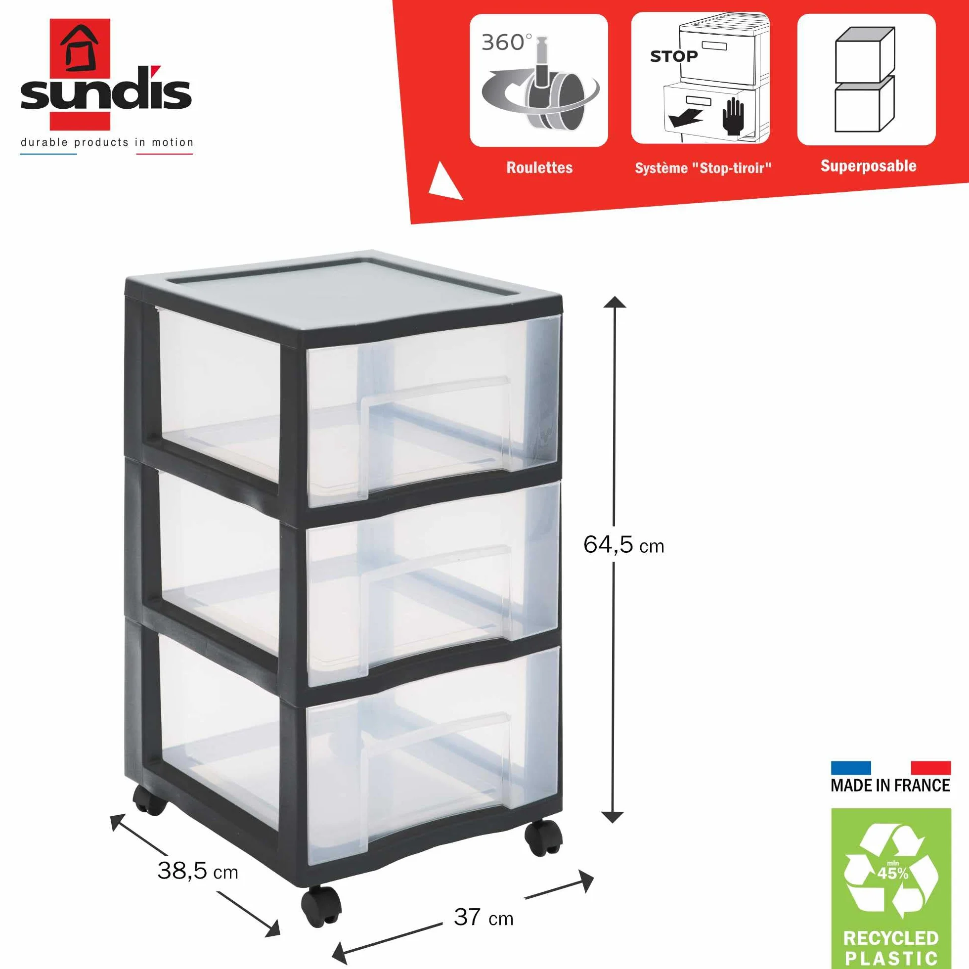 SUNDIS Tag Tower XL wieża do przechowywania z tworzywa sztucznego, czarna, z kółkami, 3 duże przezroczyste szuflady, wysokość 64,5 cm, idealna do przechowywania na biurko, lekcje, dokumenty, materiały