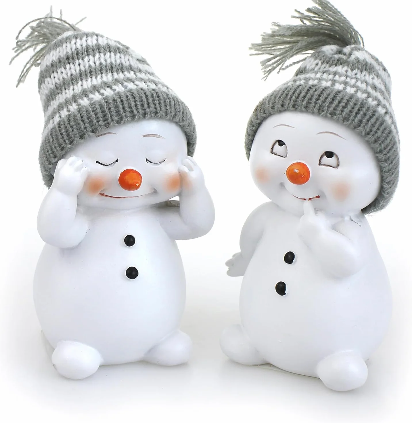 2 x dekoracyjna figurka bałwanka w zestawie po 11 cm, biała ceramika, czapka zimowa, włóczka tekstylna, szara, figurka ceramiczna, figurka dekoracyjna, na zimę, Boże Narodzenie