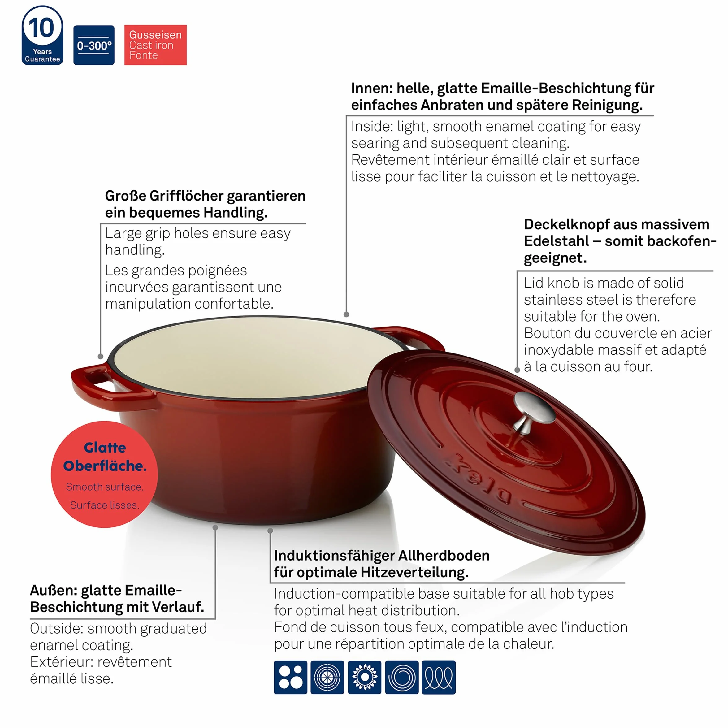 Kela Calido 11948 Brytfanna z Pokrywką, Żeliwo, Powłoka Emaliowana, Wysoki Poziom Akumulacji Ciepła, Nadaje Się do Płyt Indukcyjnych, 5 L, Czerwony, Okrągły