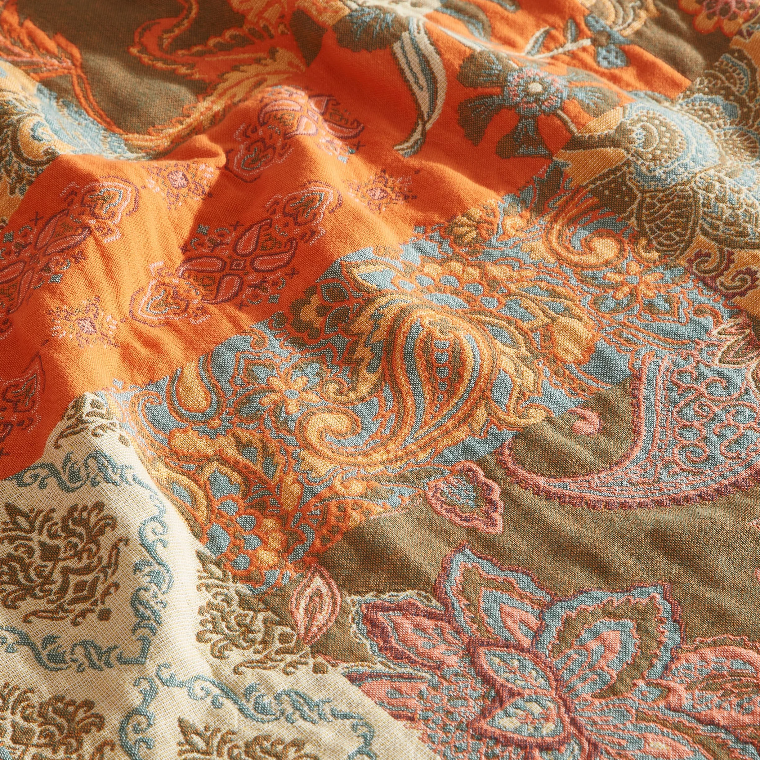SESoftexly Bohemian koc 100% bawełna, duża dwustronna narzuta muślinowa, 200 x 230 cm, narzuta na sofę i łóżko, estetyczny design, idealny do salonu i sypialni, pomarańczowy/zielony